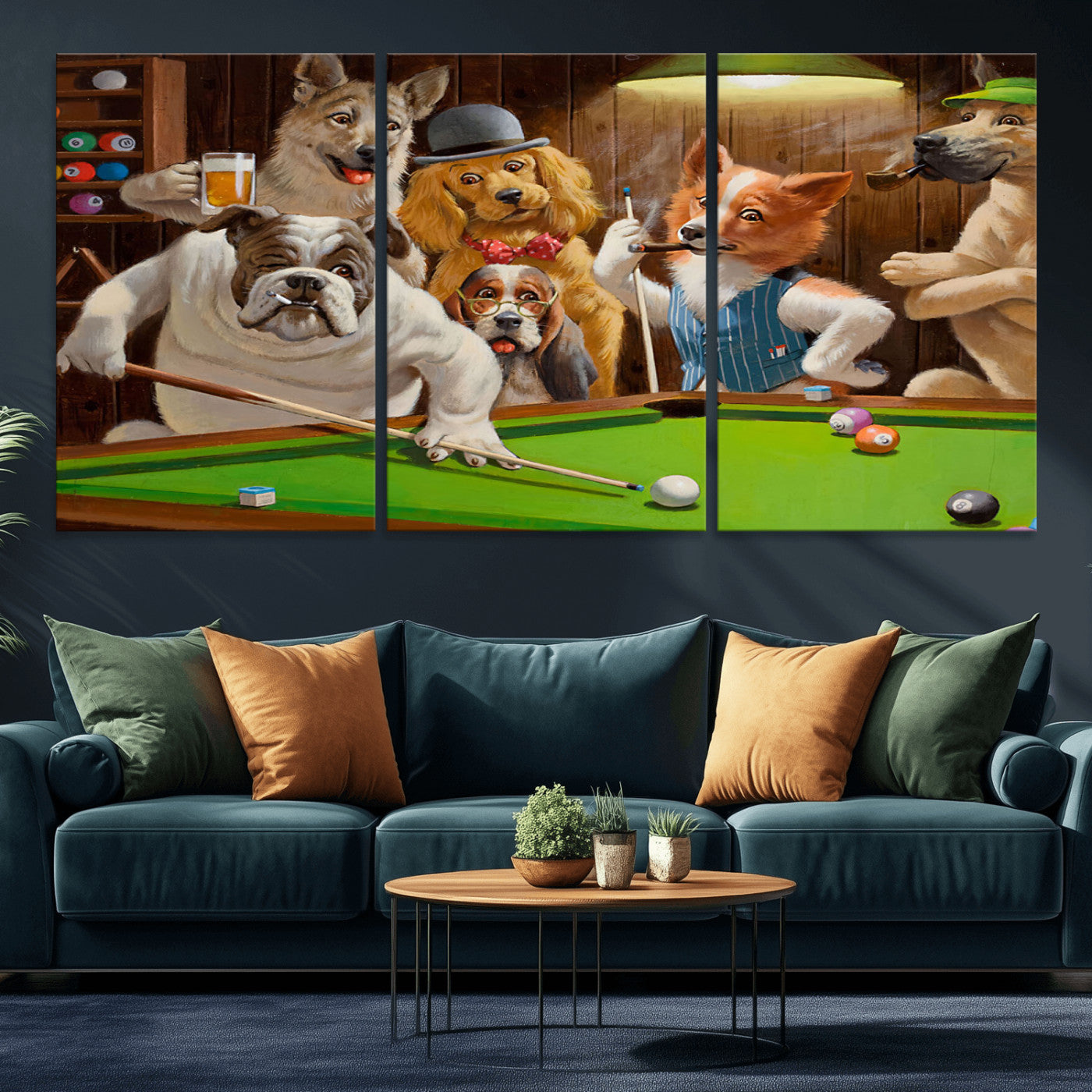 34228-MGV-CV-36X24-Dogs Playing Pool Wall Art Canvas Print, Framed Funny Dog Art Picture Print, Dog Perfect Game Room Decor Artwork