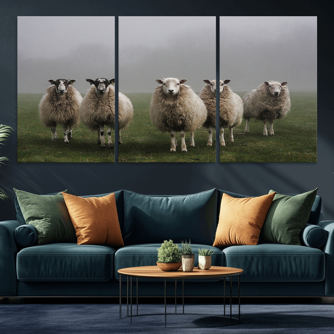 87339-MGV-CV-36X24-Sheep Wall Art – Rustic Farmhouse Canvas Print Flock Standing Misty Field Countryside Photography, Country Animal Decor for Living