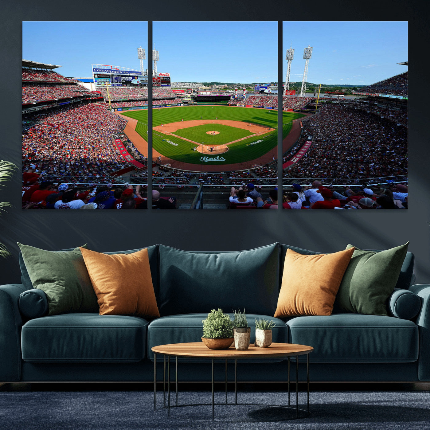 90998-MGV-CV-36X24-Baseball Stadium Wall Art – Canvas Print Day Game Field Packed Crowd Bright Blue Sky Sports Photography, Classic Decor for Game