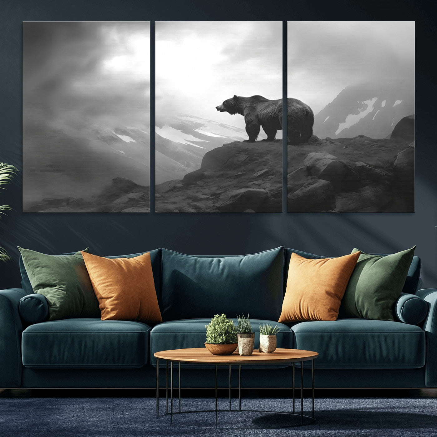 49504-MGV-CV-36X24-Black and White Grizzly Bear Wall Art – Wilderness Wildlife Painting, Rustic Mountain Cabin Decor, Monochrome Animal Print for