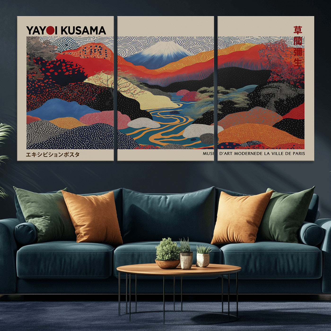 49228-MGV-FC-93X47-3P_Black-Kusama Wall Art – Vibrant Japanese Landscape Canvas Print, Modern Abstract Mountain and River Decor for Living Room, Office or Art