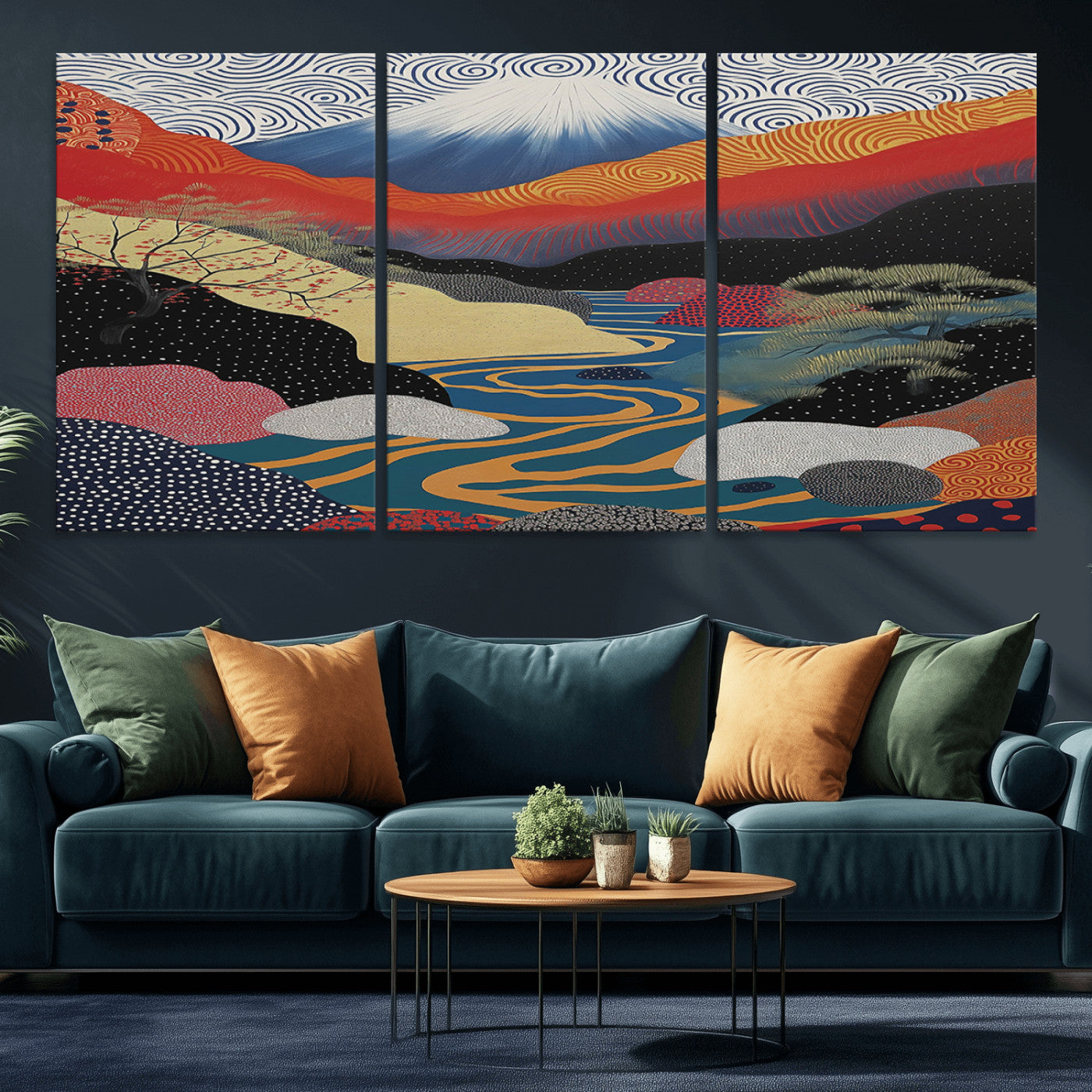 32131-MGV-CV-36X24-Japanese Mount Fuji Wall Art – Abstract Landscape Canvas Print with Swirling Sky & River, Modern Minimalist Asian Inspired Poster