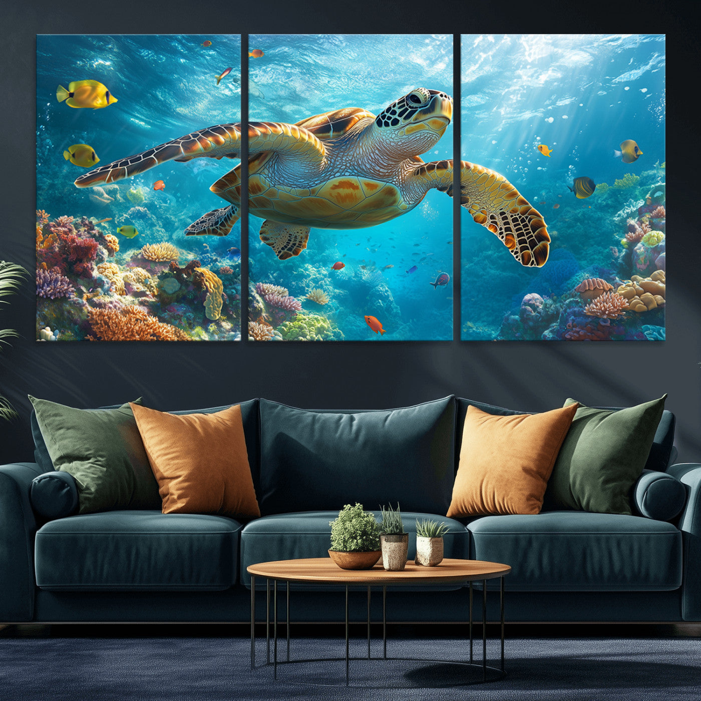 37623-MGV-CV-36X24-Sea Turtle Wall Art – Underwater Ocean Canvas Print with Coral Reef and Tropical Fish, Marine Life Painting Poster for Living