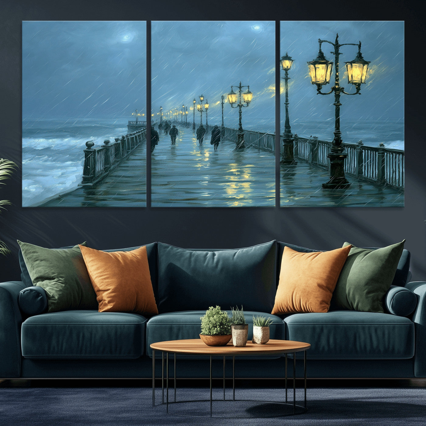 79606-MGV-CV-36X24-Rainy Pier Night Wall Art – Ocean Waves and Street Lamps Canvas Print, Moody Seascape Oil Painting Poster for Living Room,