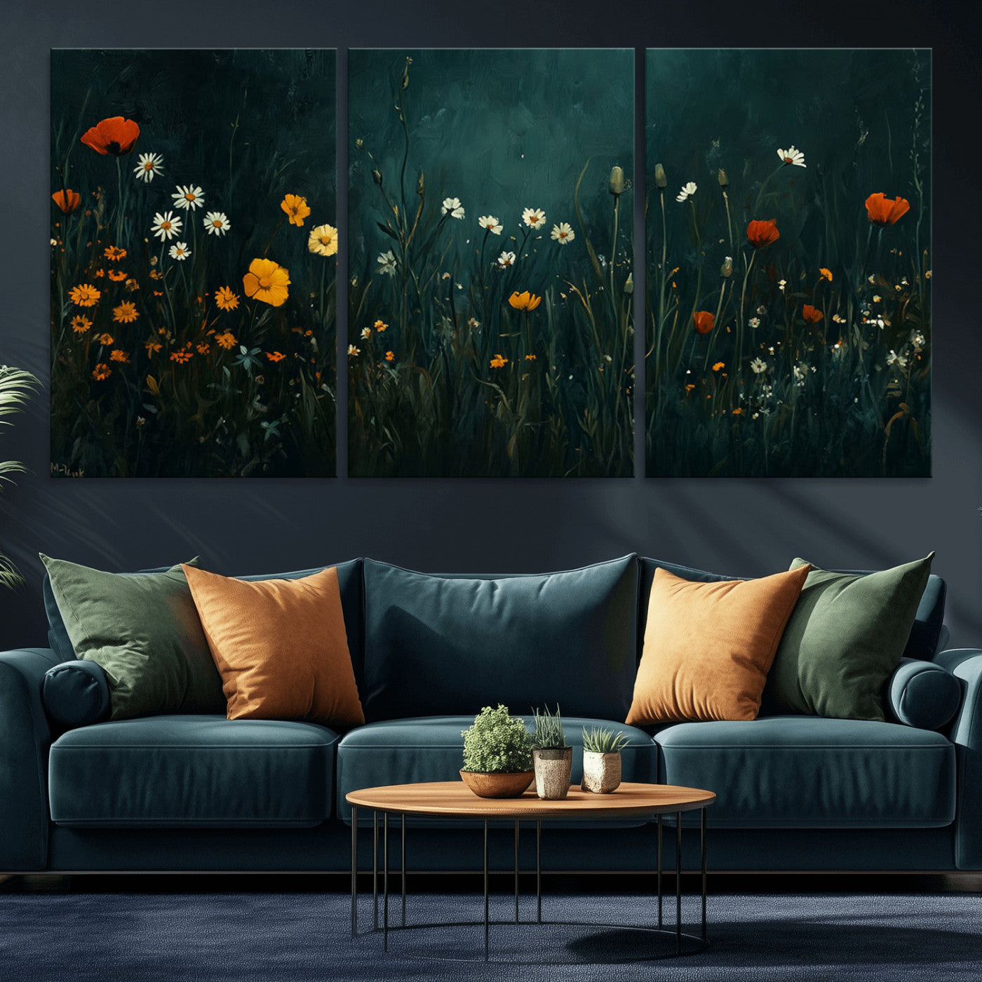 87037-MGV-CV-36X24-Wildflower Wall Art – Dark Botanical Floral Canvas Print, Modern Nature Painting Poster with Daisies Poppies Orange Flowers for