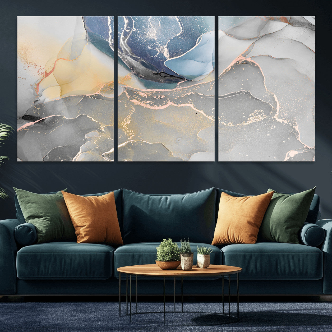 18176-MGV-CV-36X24-Abstract Fluid Wall Art – Modern Marble Ink Canvas Print with Blue, Gold, and Gray Tones, Contemporary Minimal Artwork Decor for