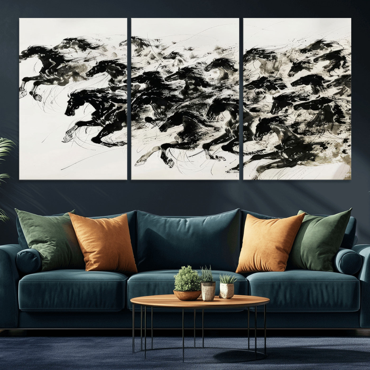 23069-MGV-CV-36X24-Galloping Horses Wall Art – Black Ink Painting on Canvas, Dynamic Equestrian Artwork with Running Stallions, Expressive Modern