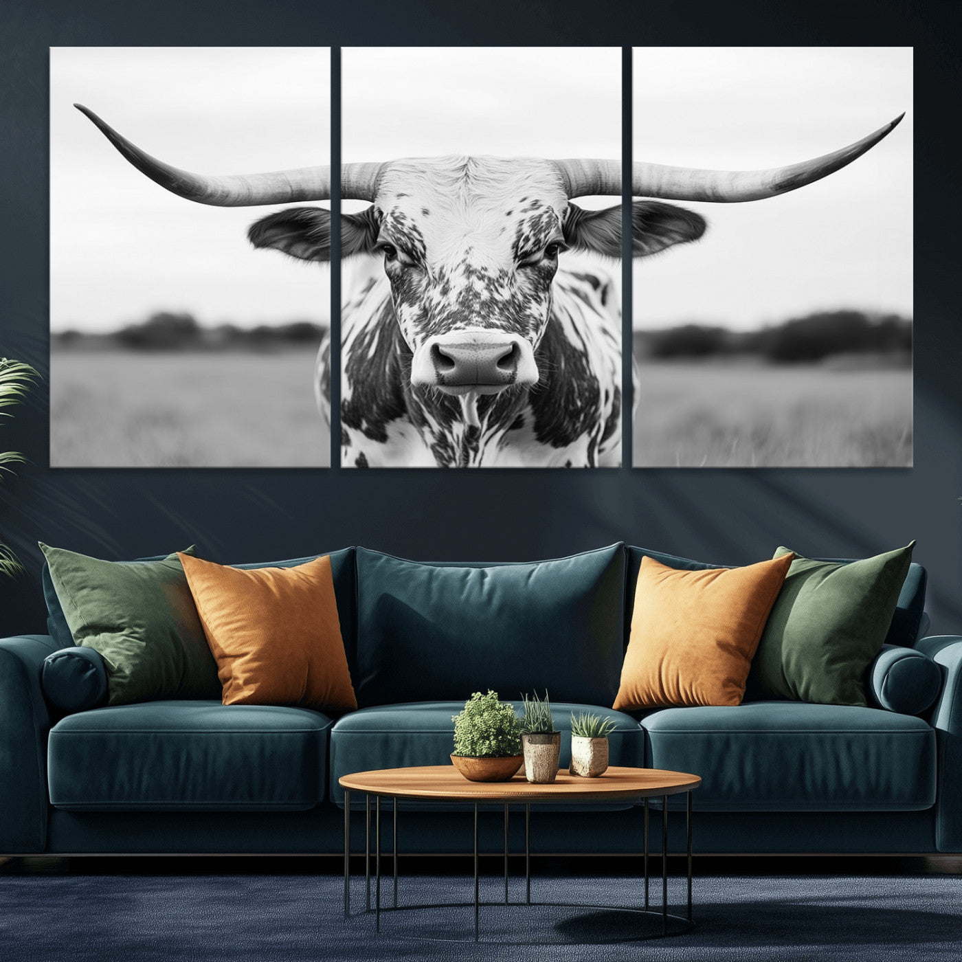 20272-MGV-CV-60X30-3P-Texas Longhorn Wall Art – Black and White Cowboy Western Canvas Print, Rustic Farmhouse Cattle Photography Decor for Ranch, Barn