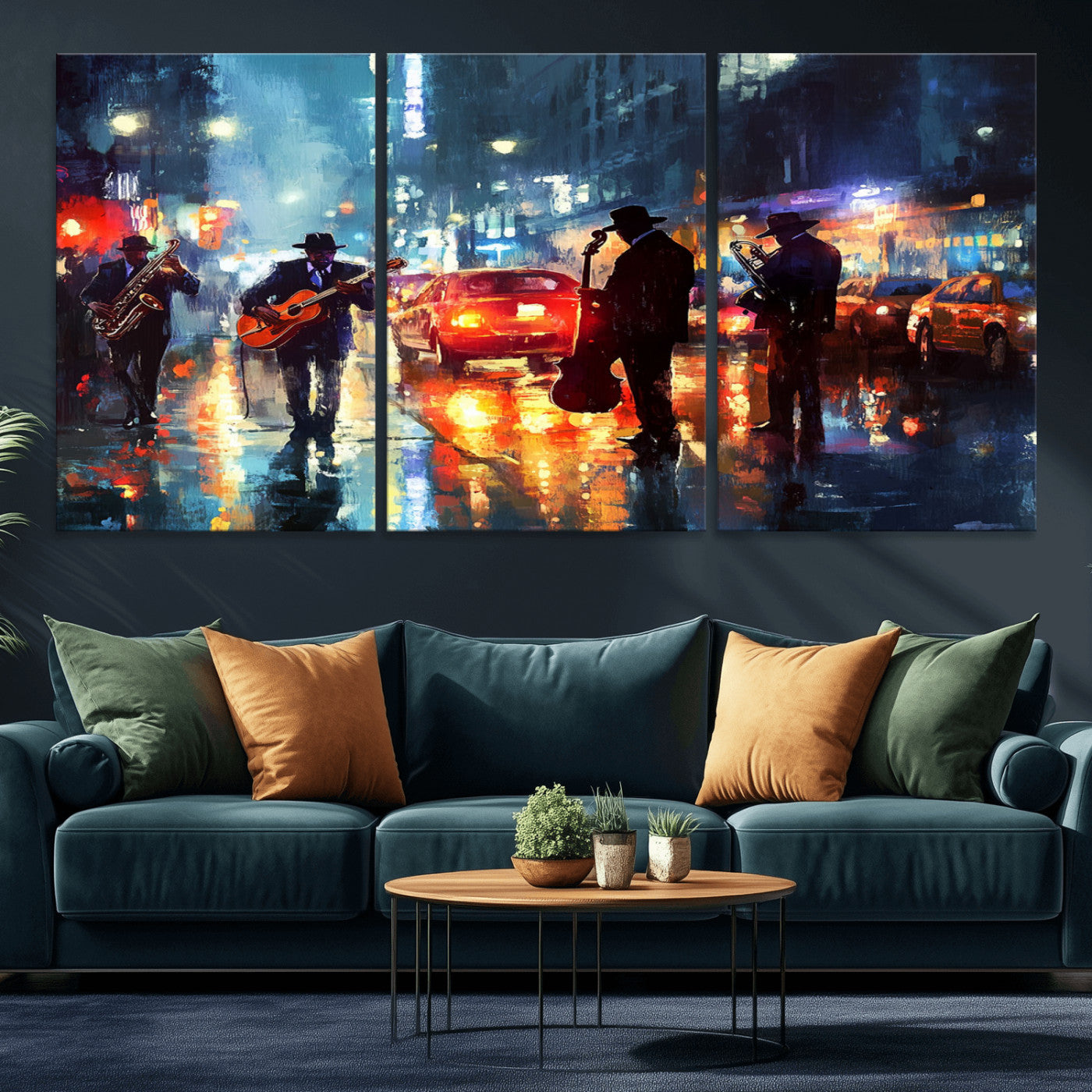 94605-MGV-CV-36X24-City Jazz Night Wall Art – Vibrant Music Canvas Print Featuring Saxophone, Guitar and Bass Players, Urban Street Scene Artwork for