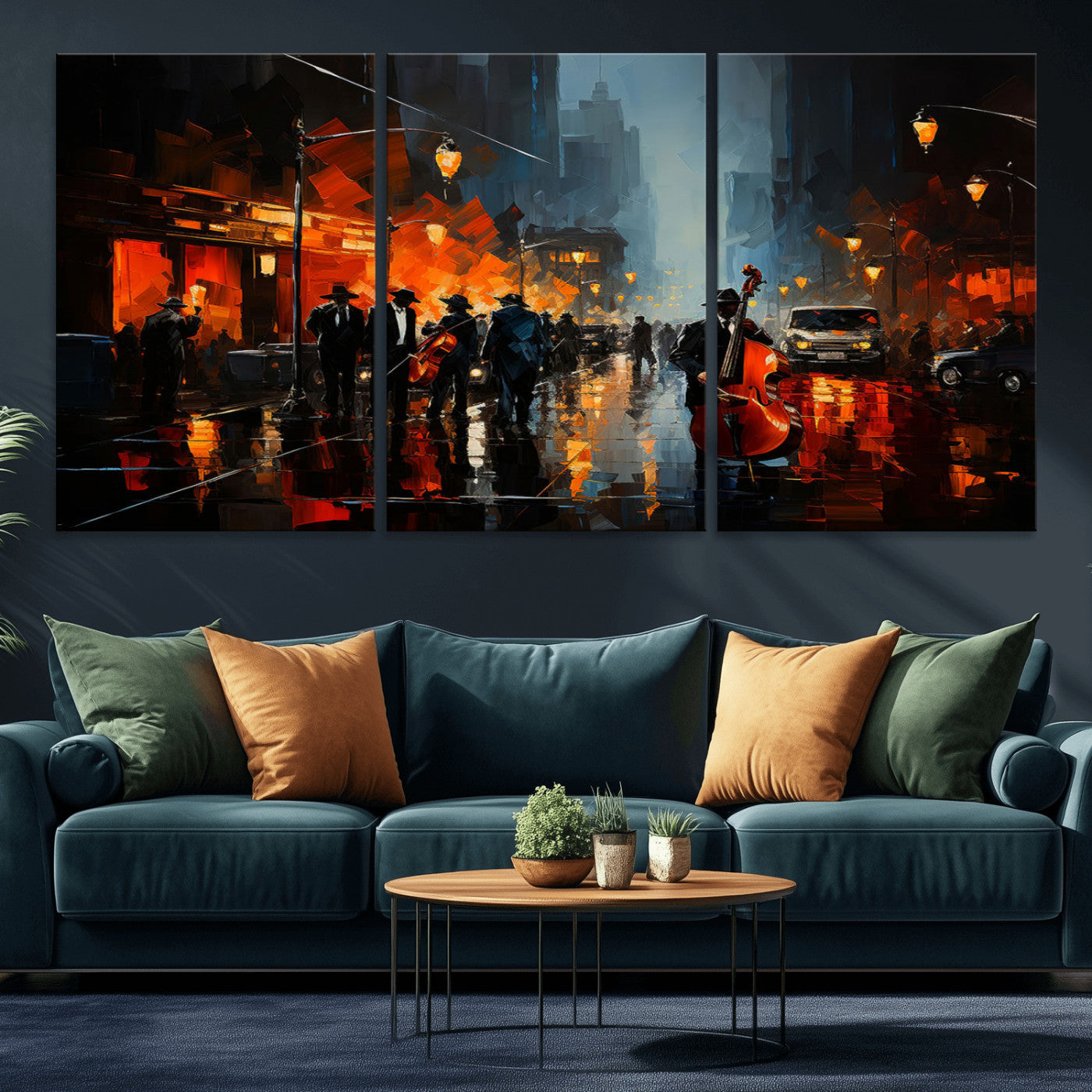 46538-MGV-CV-36X24-Urban Jazz Night Wall Art – Dramatic Music Canvas Print with Double Bass and Street Musicians, Modern City Scene Artwork for