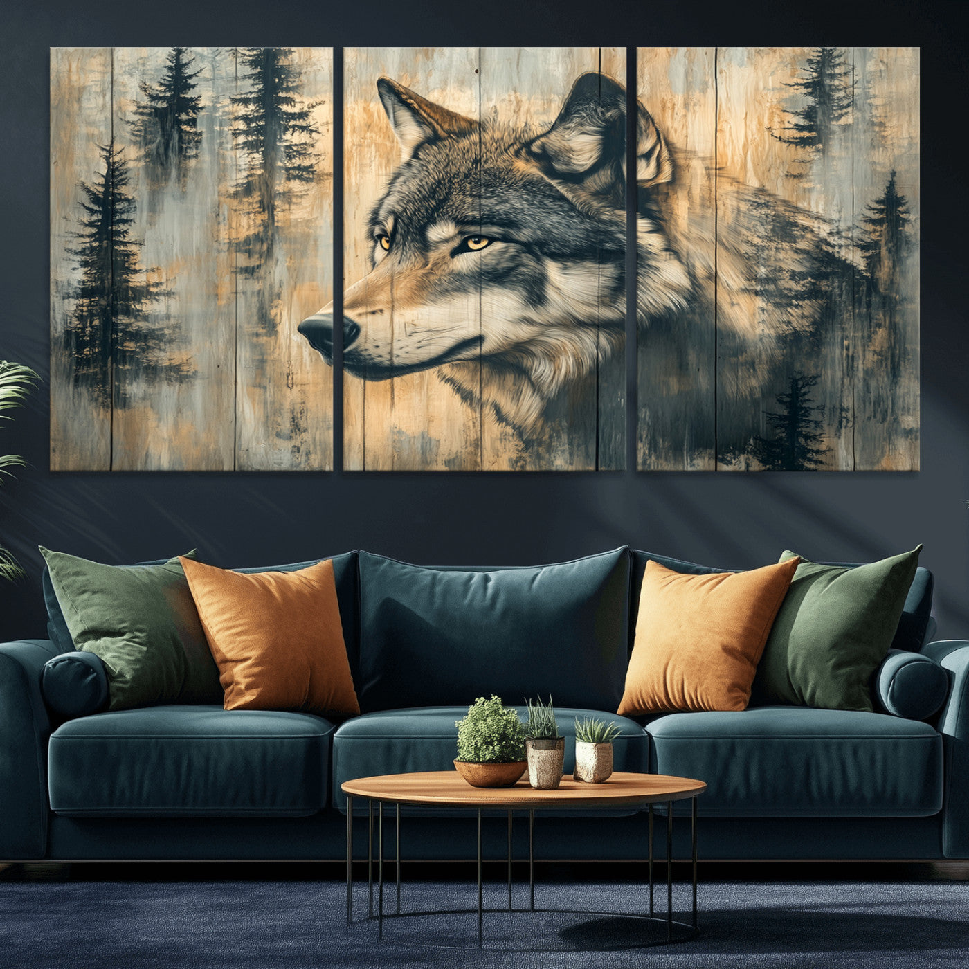 51892-MGV-CV-36X24-Wolf Wall Art – Rustic Canvas Print of Wolf with Forest Trees on Wood Texture, Wildlife Lodge Artwork for Living Room, Bedroom,