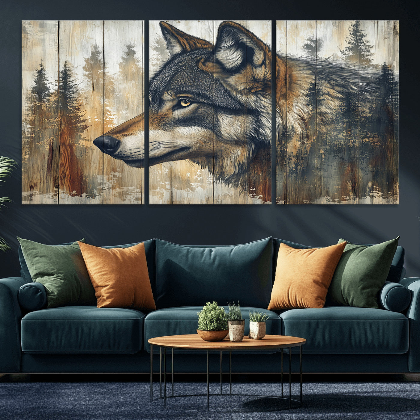 91882-MGV-CV-36X24-Wolf Wall Art – Rustic Canvas Print of Forest Wolf on Wood Background, Wildlife Lodge Artwork for Living Room, Bedroom, Cabin, or