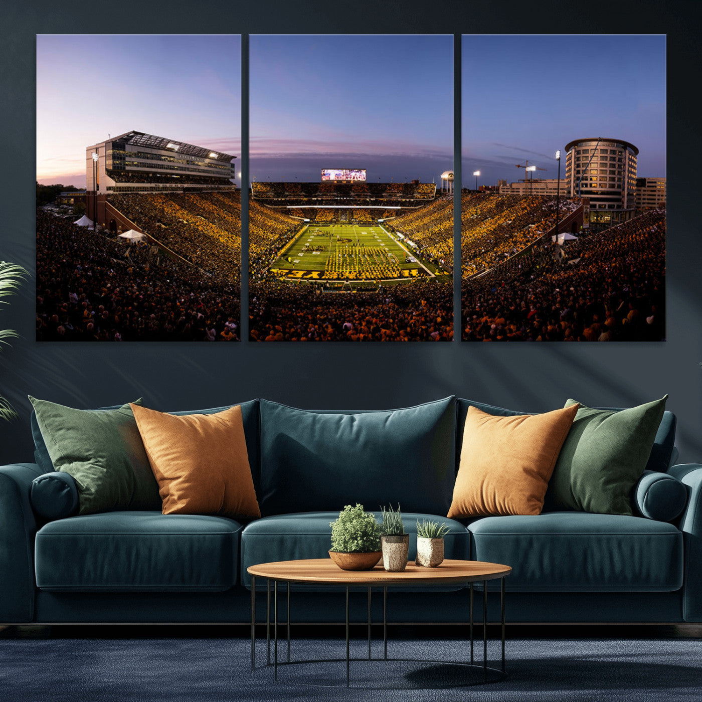 82557-MGV-CV-36X24-College Football Stadium Wall Art – Panoramic Sunset Canvas Print with Marching Band and Game Day Crowd, Sports Artwork for Man