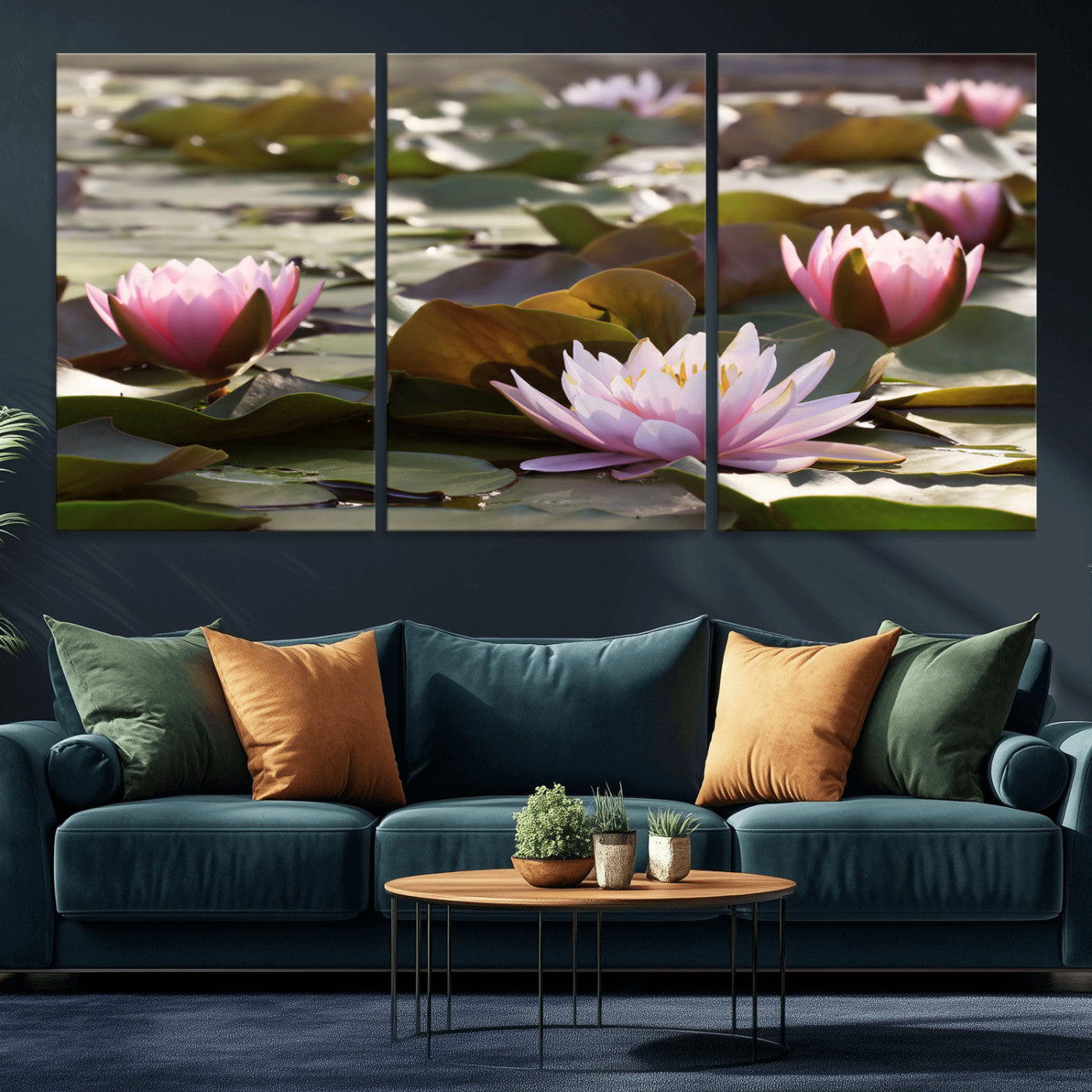 28394-MGV-CV-36X24-Water Lily Pond Wall Art – Pink Lotus Flowers Canvas Print with Green Lily Pads, Peaceful Botanical Artwork for Living Room,