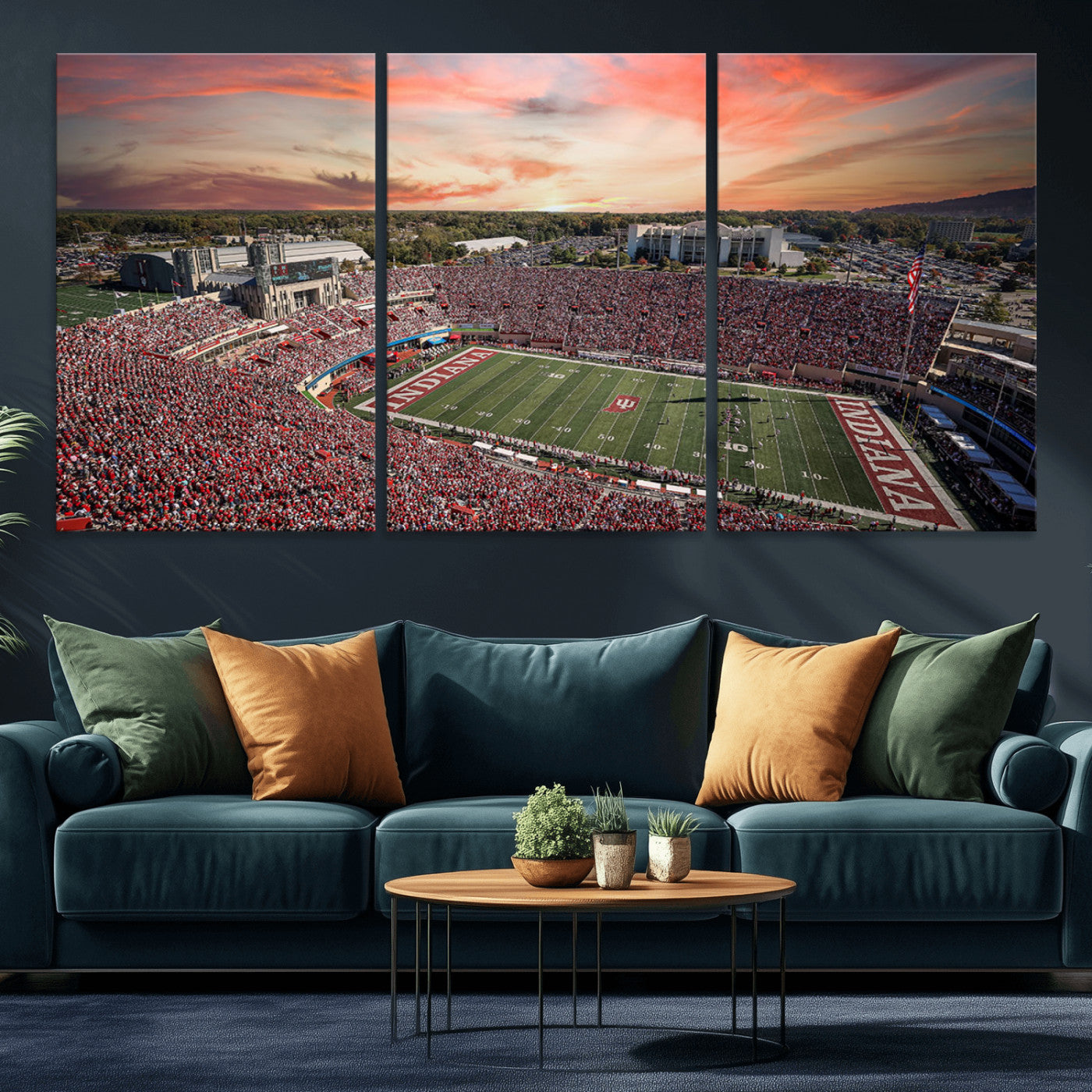 51135-MGV-CV-36X24-Indiana Hoosiers Stadium Wall Art – Panoramic Football Canvas Print with Game Day Crowd and Sunset Sky, Sports Artwork for Man