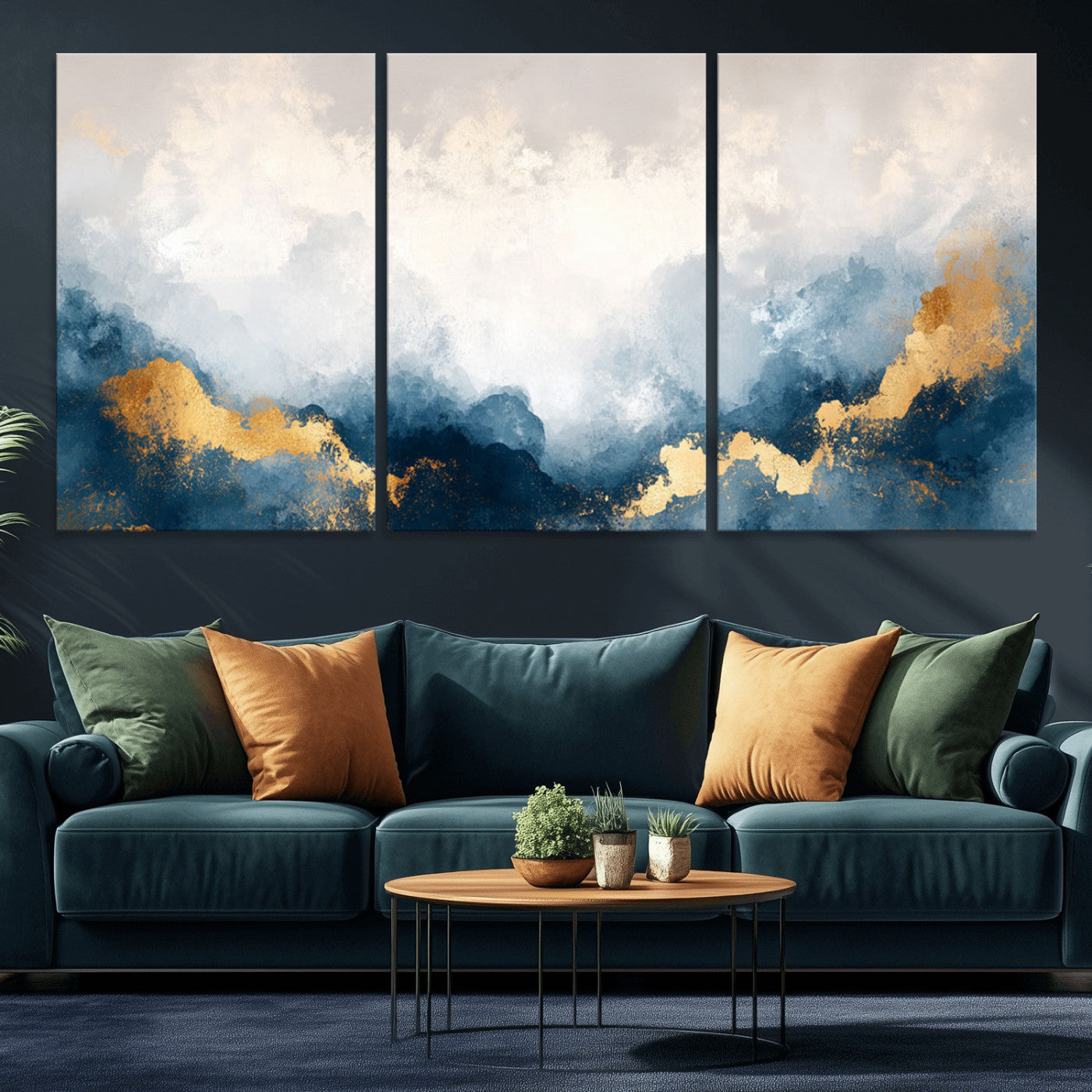 14578-MGV-CV-36X24-Abstract Wall Art – Modern Canvas Print Featuring Blue and White Clouds with Golden Accents, Contemporary Elegant Artwork for