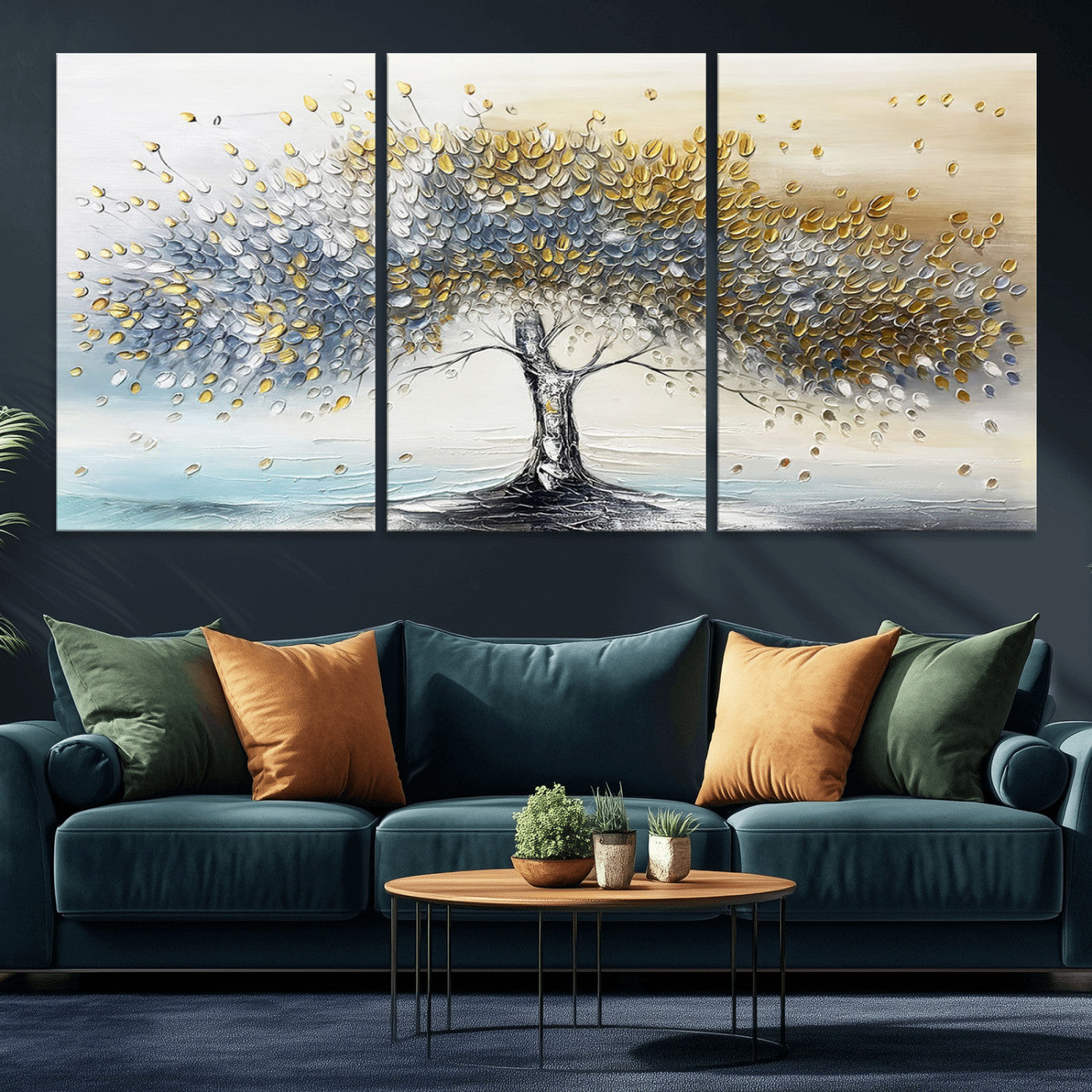 24771-MGV-CV-36X24-Silver Tree Wall Art Canvas Print, Framed Golden Leaves Art Picture Print, Metallic Tree Perfect Minimalist Luxury Decor Artwork