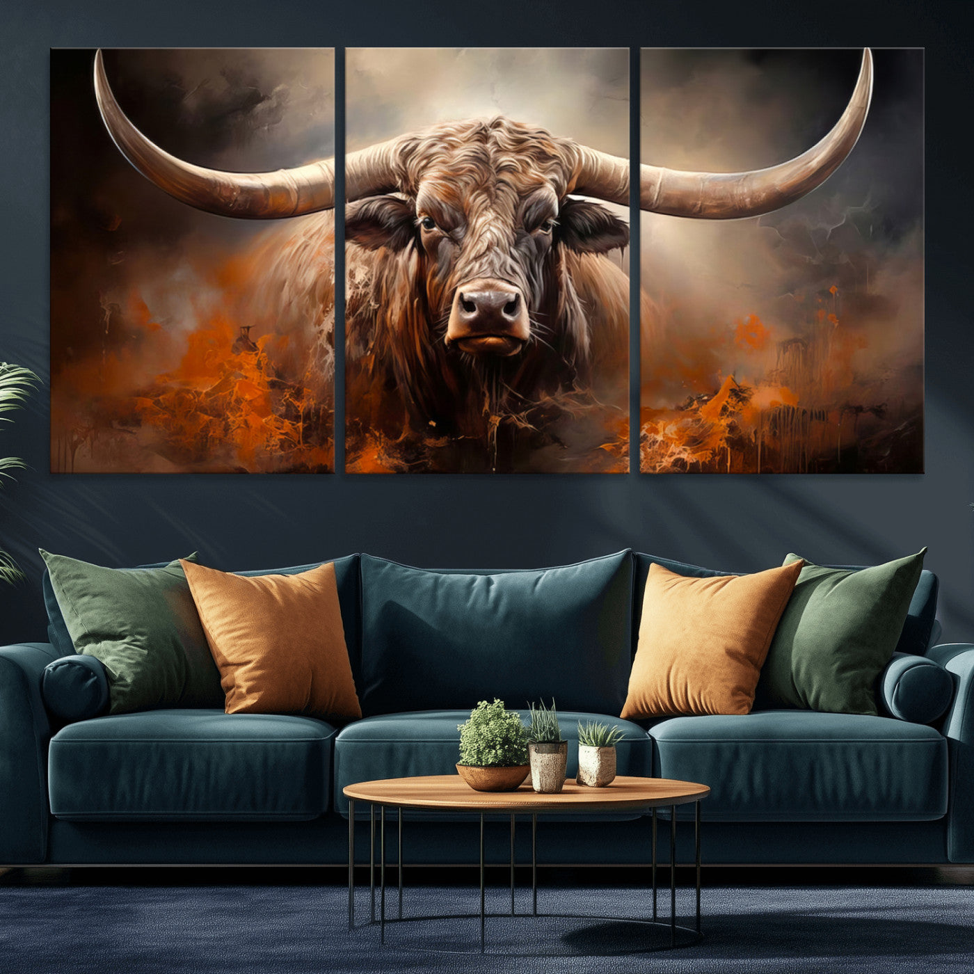 240479-MGV-CV-36X24-Longhorn Bull Wall Art – Dramatic Western Canvas Print Featuring Horned Bull with Fiery Background, Rustic Farmhouse Artwork for