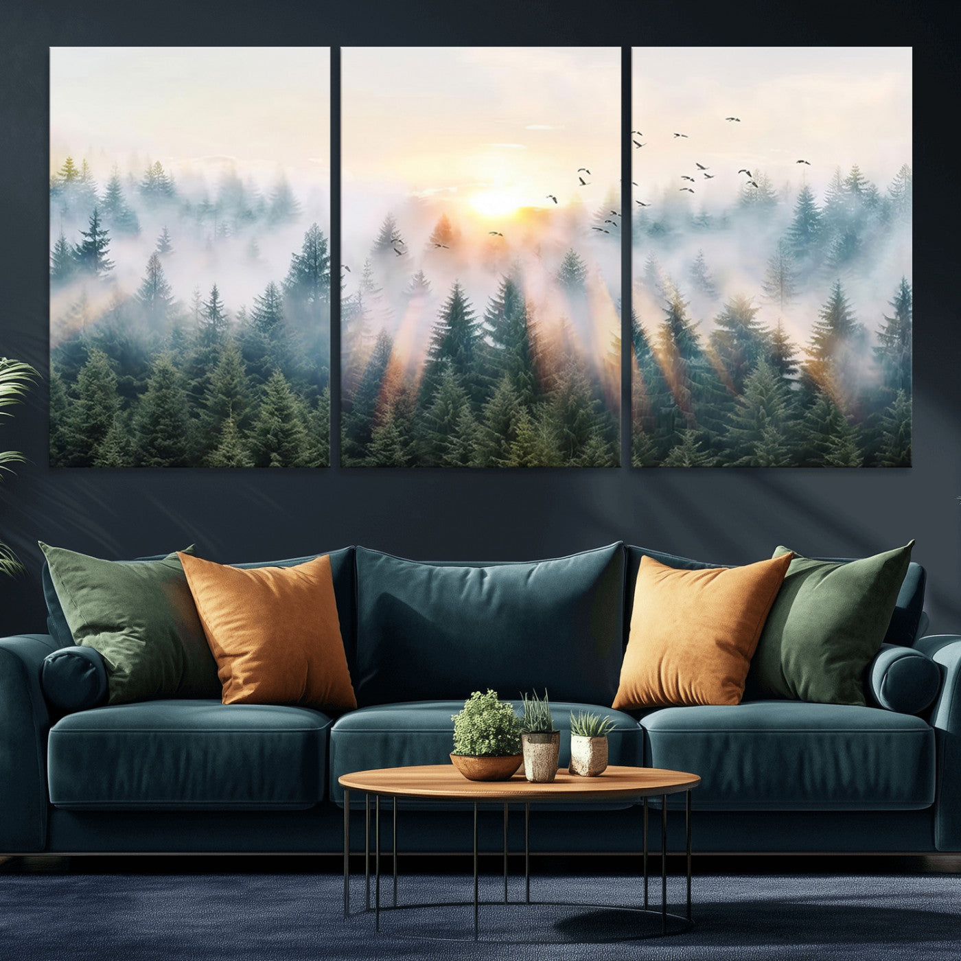92718976-MGV-CV-36X24-Misty Forest Wall Art Canvas Print, Framed Sunrise Pines Art Picture Print, Foggy Woodland Perfect Moody Woodland Decor Artwork
