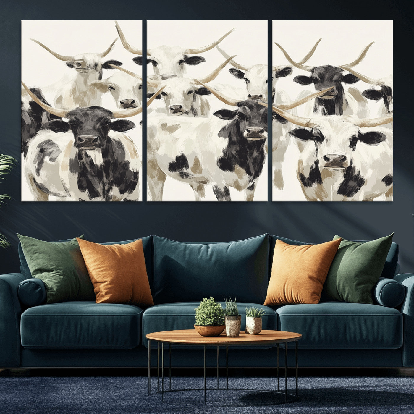 52947970-MGV-CV-36X24-Texas Longhorn Wall Art Canvas Print, Framed Cattle Herd Art Picture Print, Herd Portrait Perfect Modern Farmhouse Decor Artwork