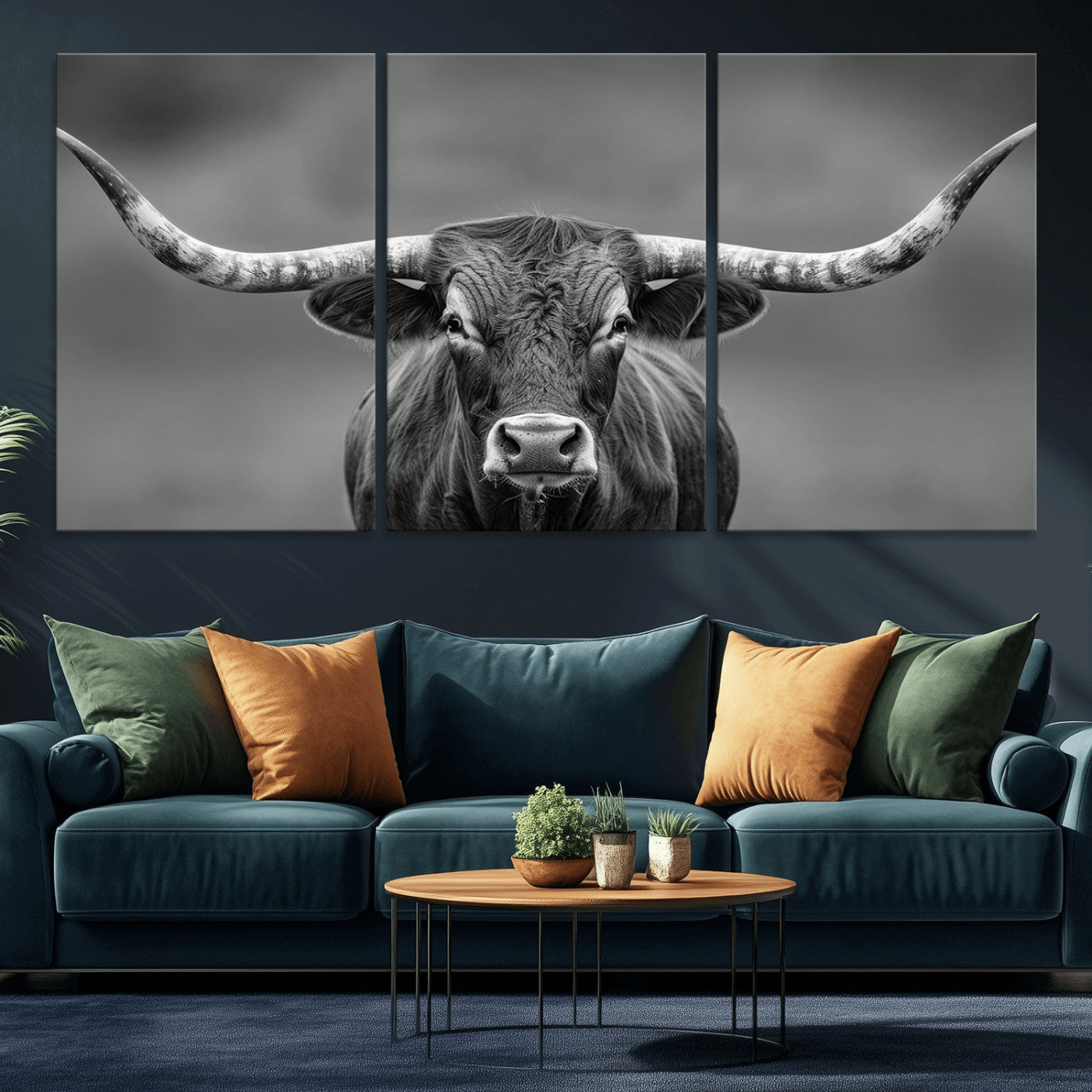 81228550-MGV-CV-36X24-Framed Texas Longhorn Bull Art Canvas Print, Western Bull Wall Art Print, Long Horn Bull Photo Print for Log Cabin, Large Bull