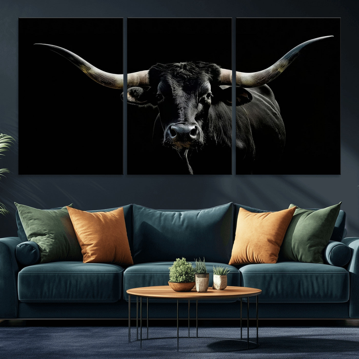 37531960-MGV-CV-36X24-Black Longhorn Bull Wall Art – Dramatic Western Cattle Canvas Print, Rustic Farmhouse Animal Artwork for Living Room, Bedroom,