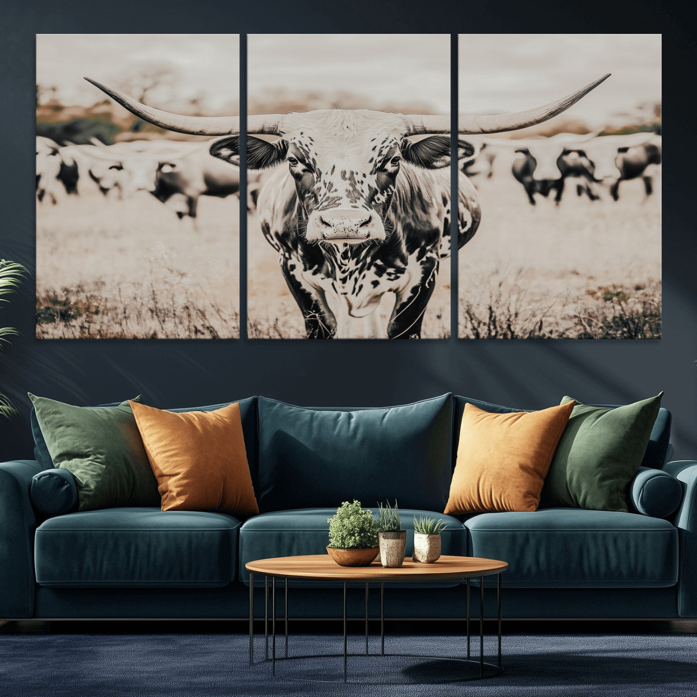 27497342-MGV-CV-36X24-Texas Longhorn Wall Art Canvas Print, Framed Speckled Cow Art Picture Print, Horned Cattle Perfect Rustic Western Decor Artwork