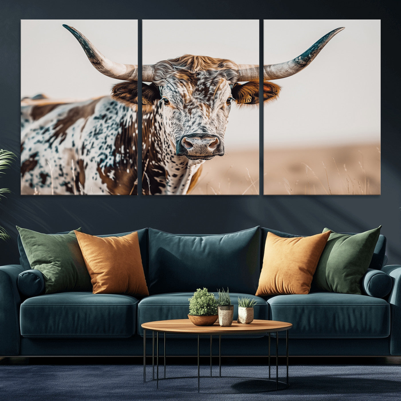 70414966-MGV-CV-36X24-Texas Longhorn Wall Art Canvas Print, Framed Speckled Cow Art Picture Print, Horned Bull Perfect Rustic Western Decor Artwork