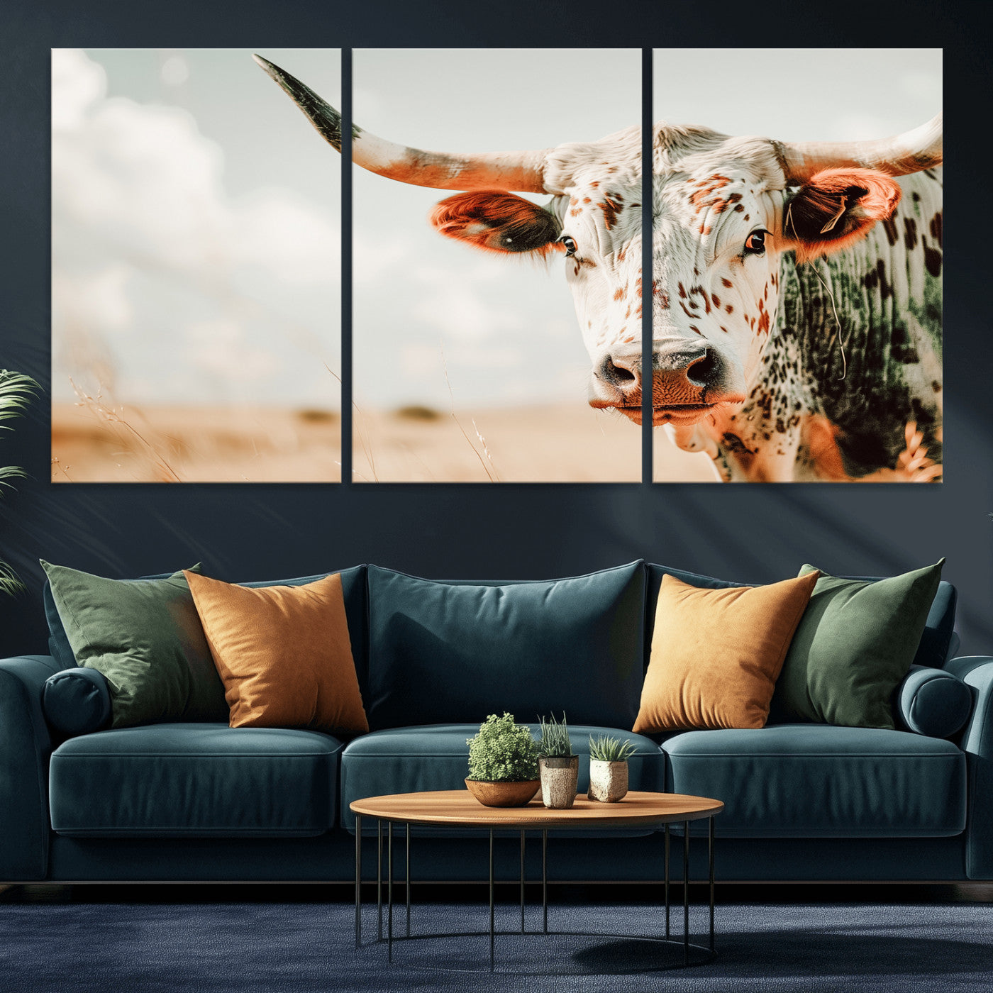 72766375-MGV-CV-36X24-Texas Longhorn Wall Art Canvas Print, Framed Spotted Cow Art Picture Print, Horned Cattle Perfect Rustic Western Decor Artwork