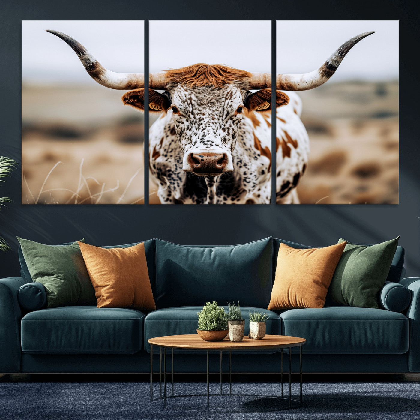76294381-MGV-CV-36X24-Texas Longhorn Wall Art Canvas Print, Framed Spotted Cow Art Picture Print, Horned Cattle Perfect Rustic Western Decor Artwork