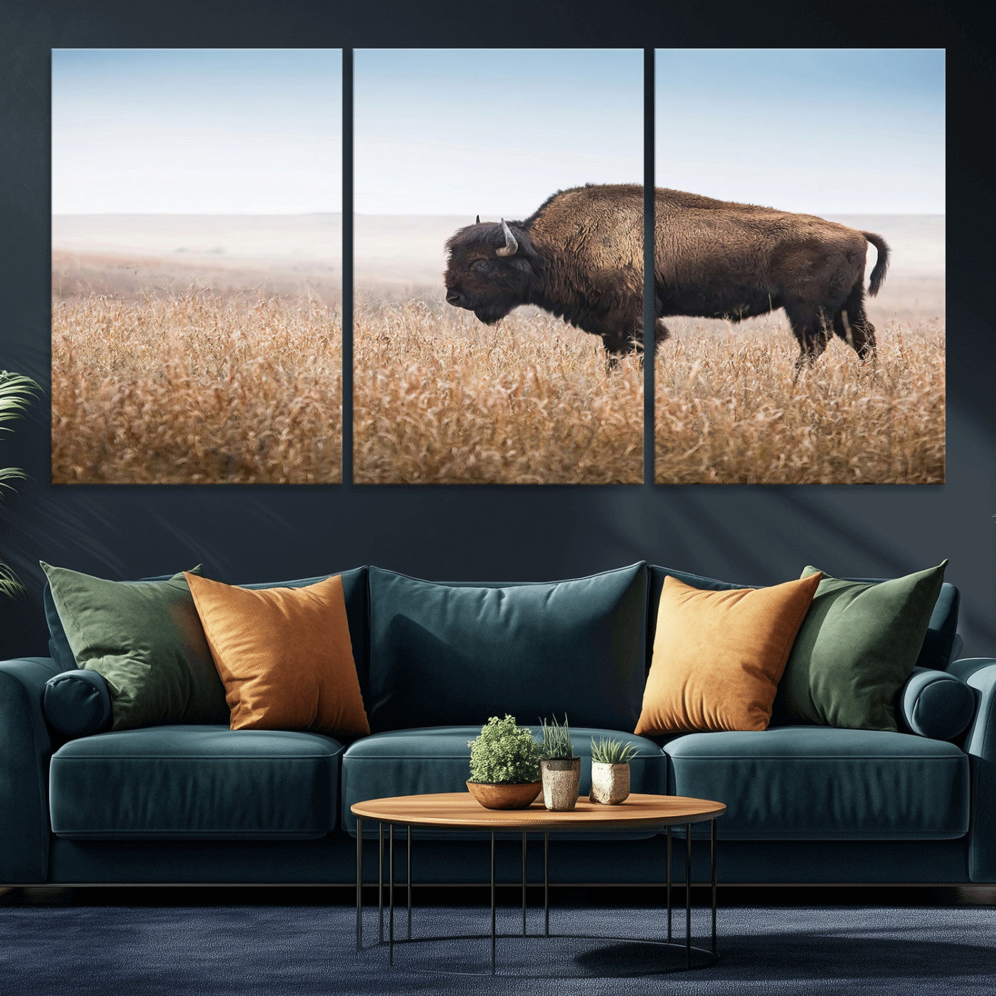 91267849-MGV-CV-36X24-Wild Bison Wall Art Canvas Print, Framed Bison in Prairie Art Picture Print, Rustic Western Perfect Rustic Western Decor Artwork