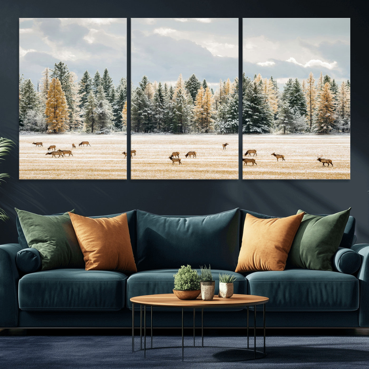 64188182-MGV-CV-36X24-Elk Herd Wall Art Canvas Print, Framed Snowy Forest Art Picture Print, Forest Elks Perfect Neutral Rustic Decor Artwork