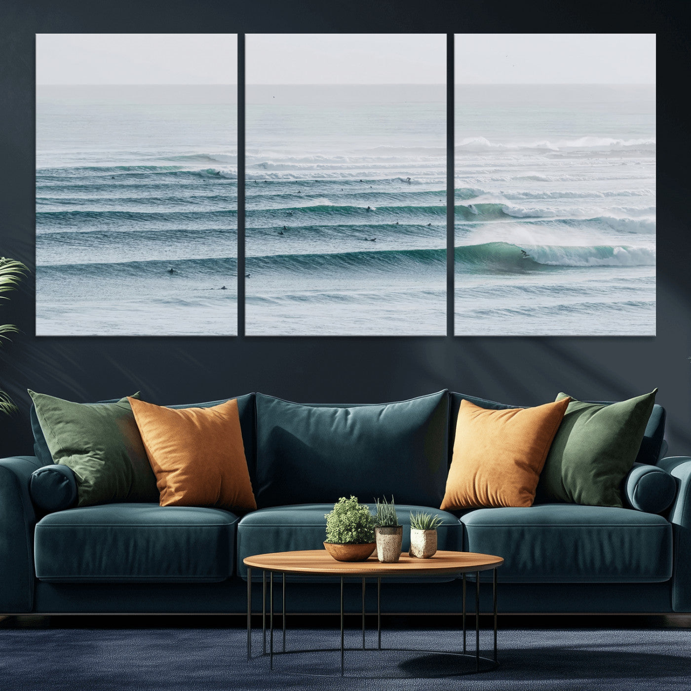 73969318-MGV-CV-36X24-Ocean Waves Wall Art Canvas Print, Framed Surfer Lineup Art Picture Print, Crowded Ocean Perfect Minimal Coastal Decor Artwork