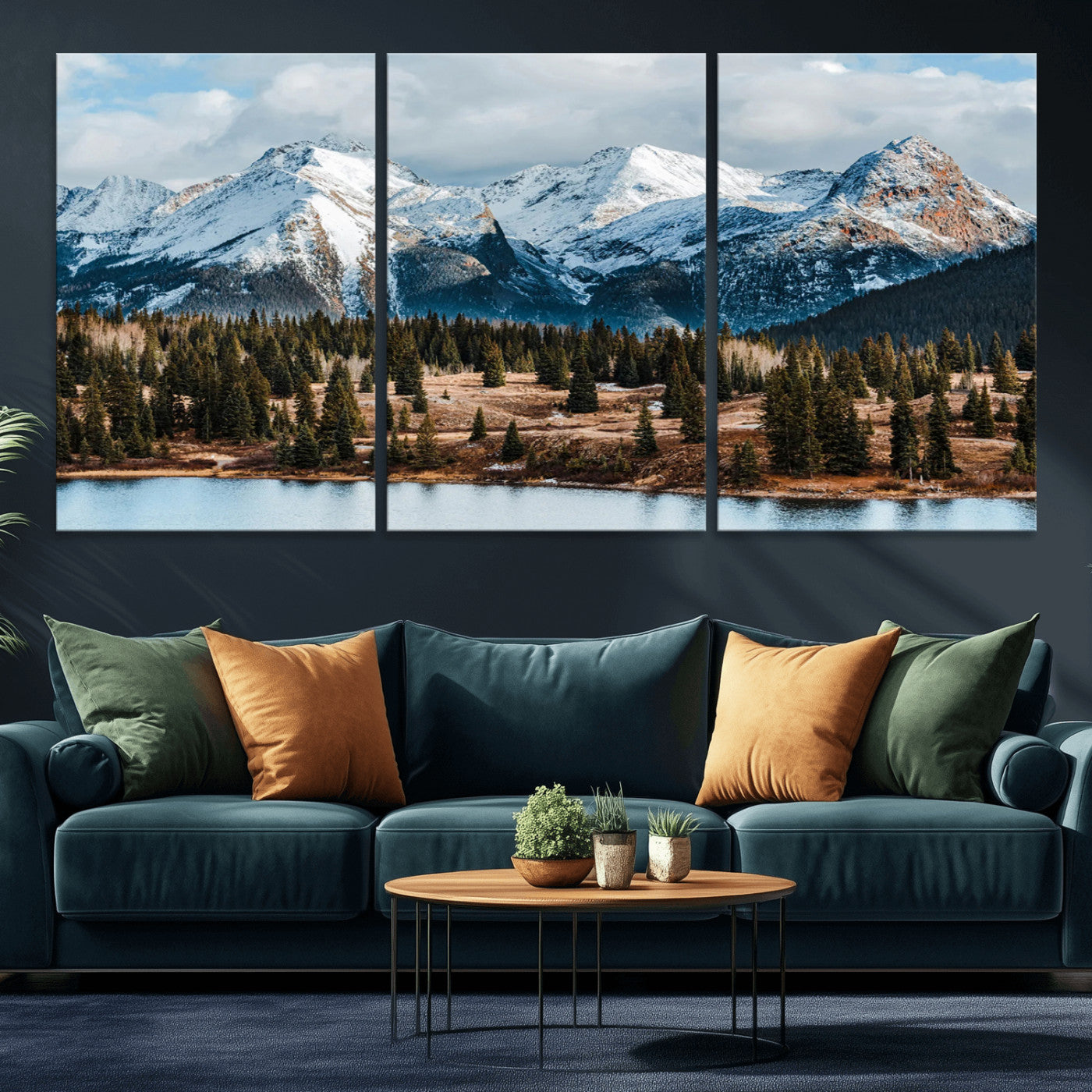 36247746-MGV-CV-36X24-Snowy Peaks Wall Art Canvas Print, Framed Alpine Lake Art Picture Print, Pine Forest Perfect Alpine Wilderness Decor Artwork