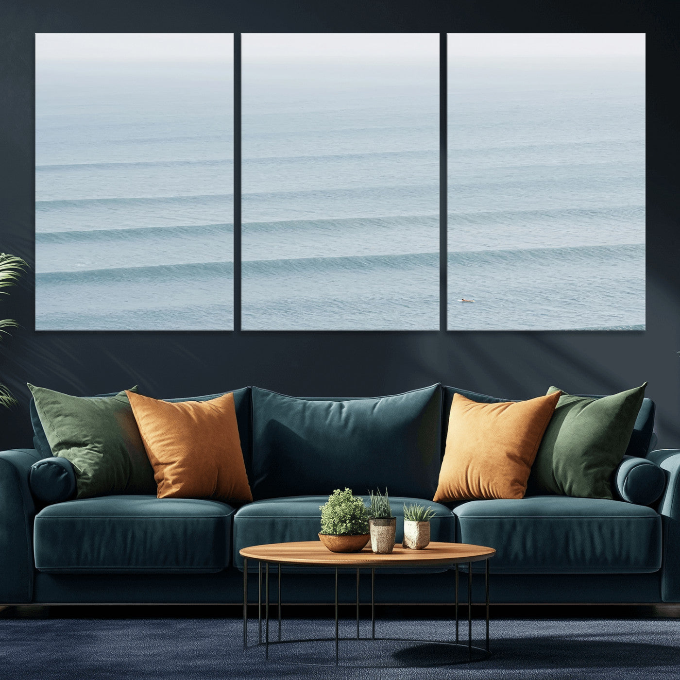 47814787-MGV-CV-36X24-Ocean Waves Wall Art Canvas Print, Framed Solo Surfer Art Picture Print, Wave Lines Perfect Minimalist Ocean Decor Artwork