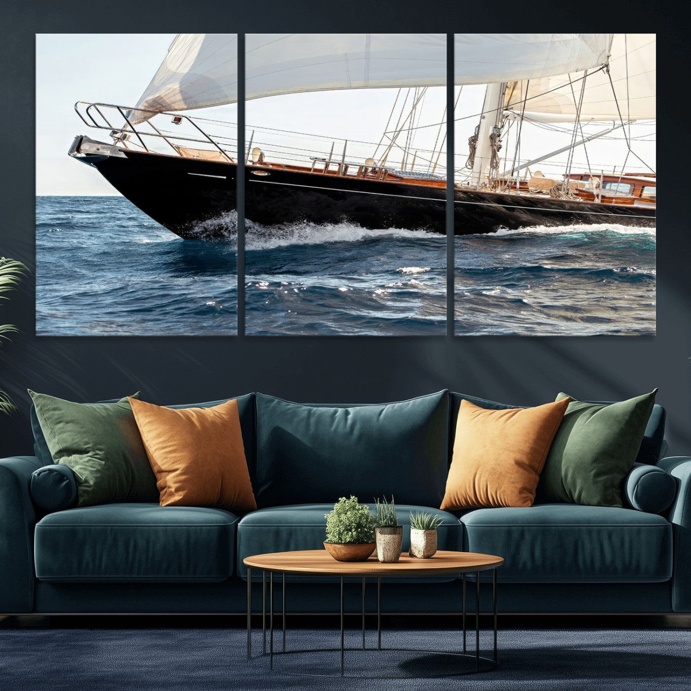 97168626-MGV-CV-36X24-Sailing Yacht Wall Art Canvas Print, Framed Wooden Yacht Art Picture Print, Ocean Waves Perfect Nautical Coastal Decor Artwork