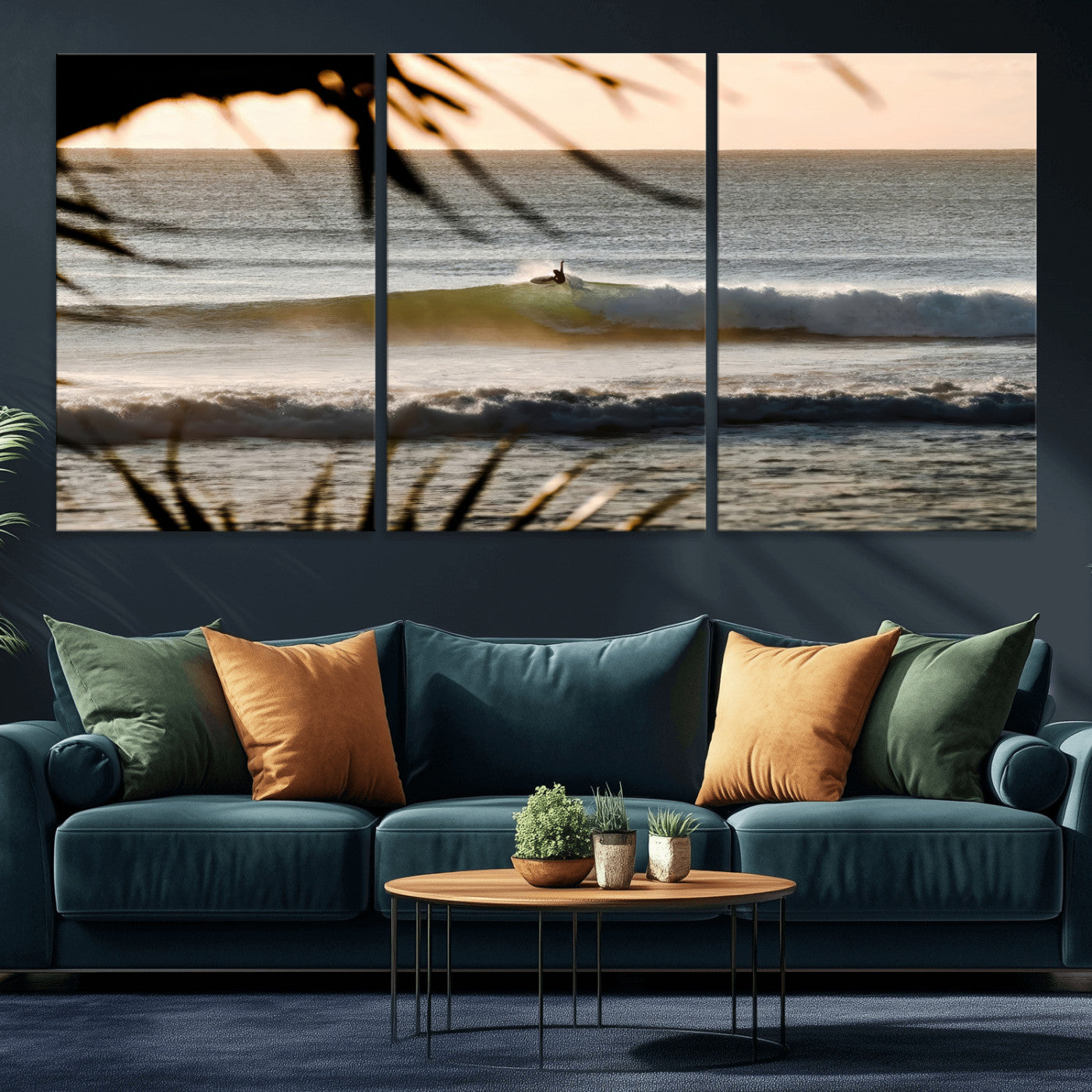 24896468-MGV-CV-36X24-Sunset Surf Wall Art Canvas Print, Framed Golden Waves Art Picture Print, Tropical Ocean Perfect Tropical Boho Decor Artwork