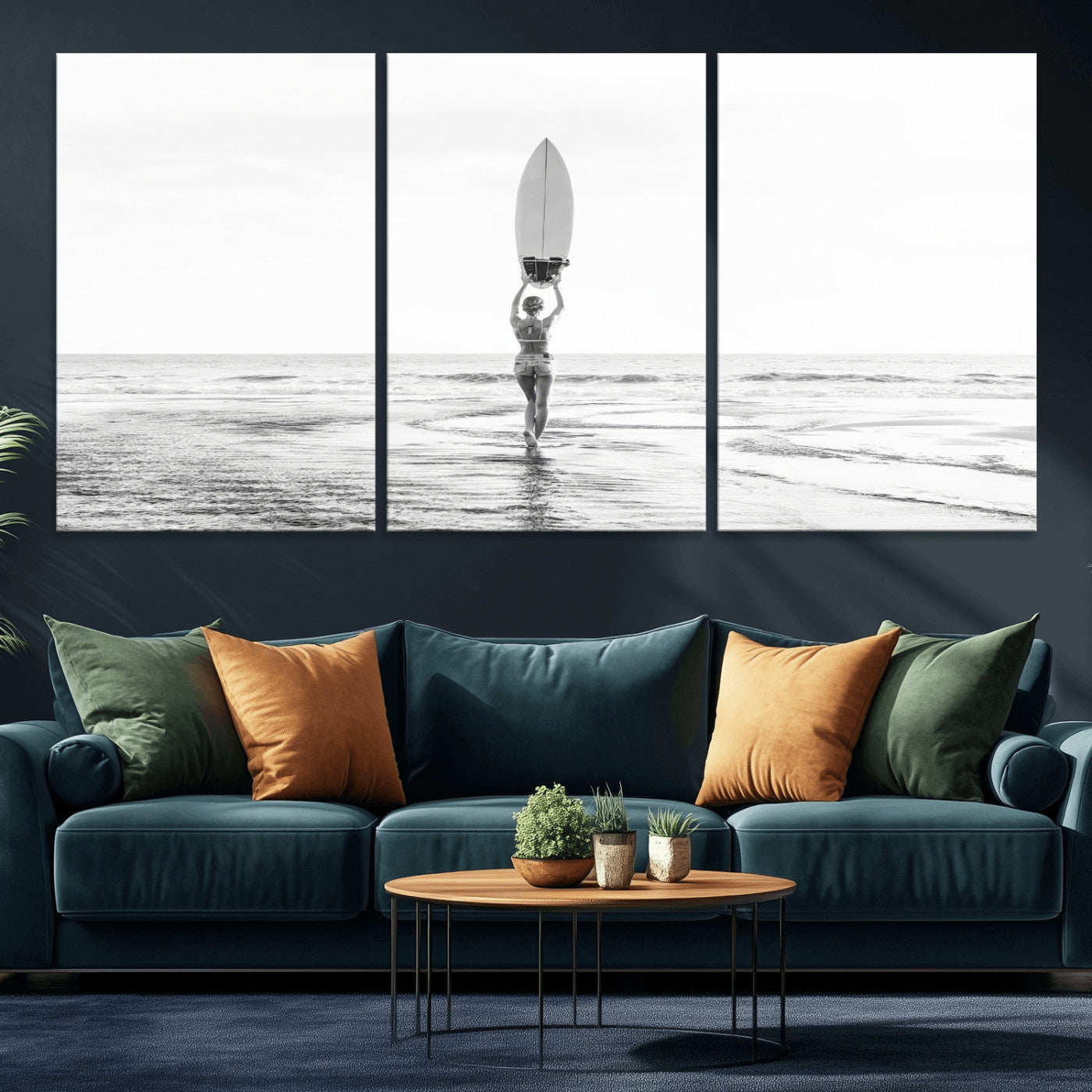 98446901-MGV-CV-36X24-Monochrome Surf Wall Art Canvas Print, Framed Minimalist Surfer Art Picture Print, Surfboard Silhouette Perfect Coastal Minimalist