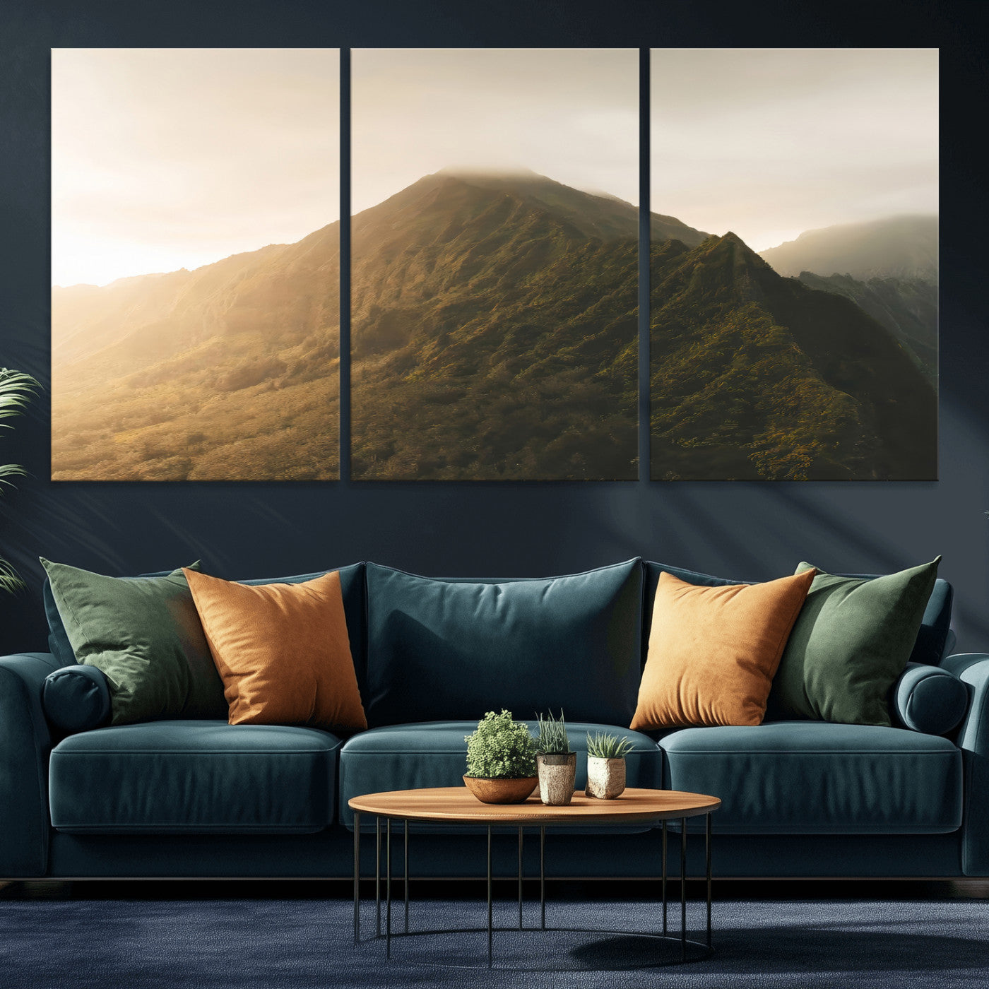 42338636-MGV-CV-36X24-Golden Mountain Wall Art Canvas Print, Framed Misty Summit Art Picture Print, Rugged Landscape Perfect Moody Wilderness Decor