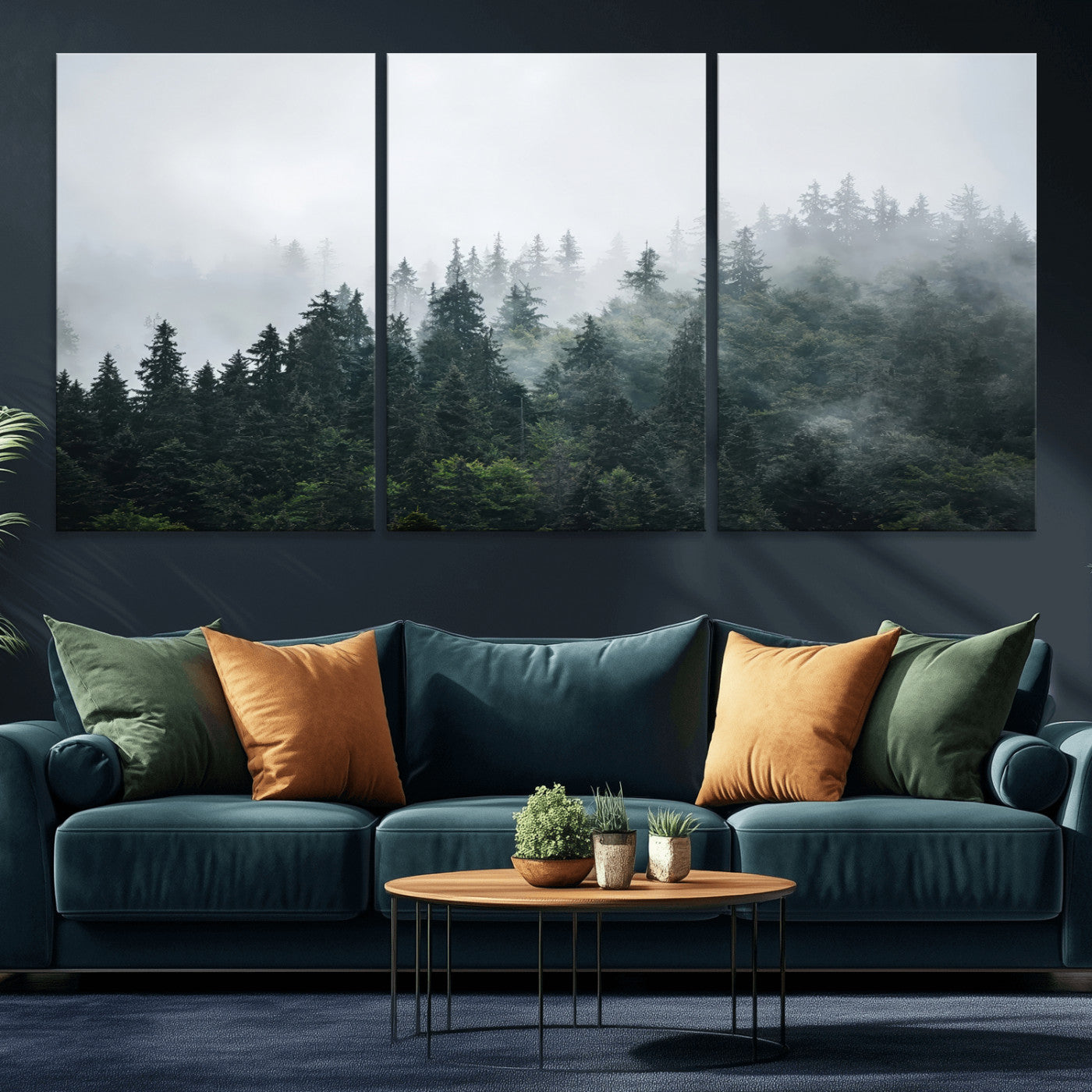 84146572-MGV-CV-36X24-Foggy Pine Trees Wall Art Canvas Print, Framed Forest Nature Art Picture Print, Evergreen Forest Perfect Scandinavian Minimalist