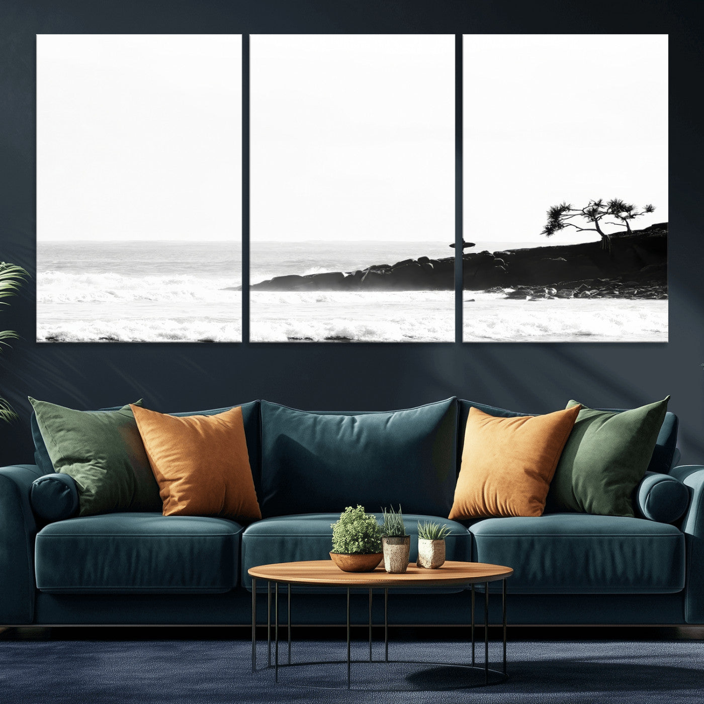 40875891-MGV-CV-36X24-SurferCliffs Wall Art Canvas Print, Framed Black White Beach Art Picture Print, Ocean Waves Perfect Minimalist Coastal Decor