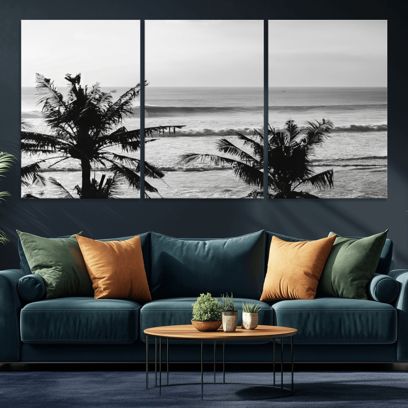 17508038-MGV-CV-36X24-Tropical Coastline Wall Art Canvas Print, Framed Palm Trees Art Picture Print, Ocean Waves Perfect Minimalist Coastal Decor