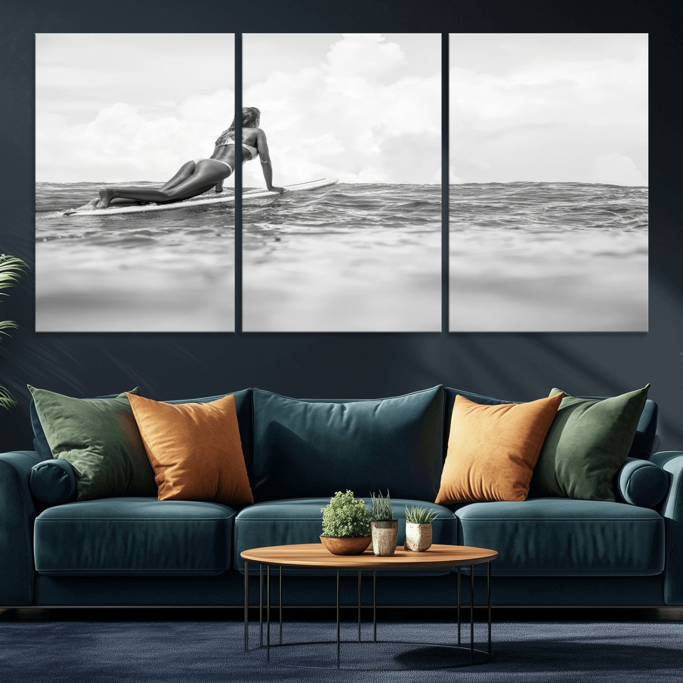 69798068-MGV-CV-36X24-Black White Surfing Wall Art Canvas Print, Framed Ocean Horizon Art Picture Print, Surfer Girl Perfect Coastal Adventure Decor