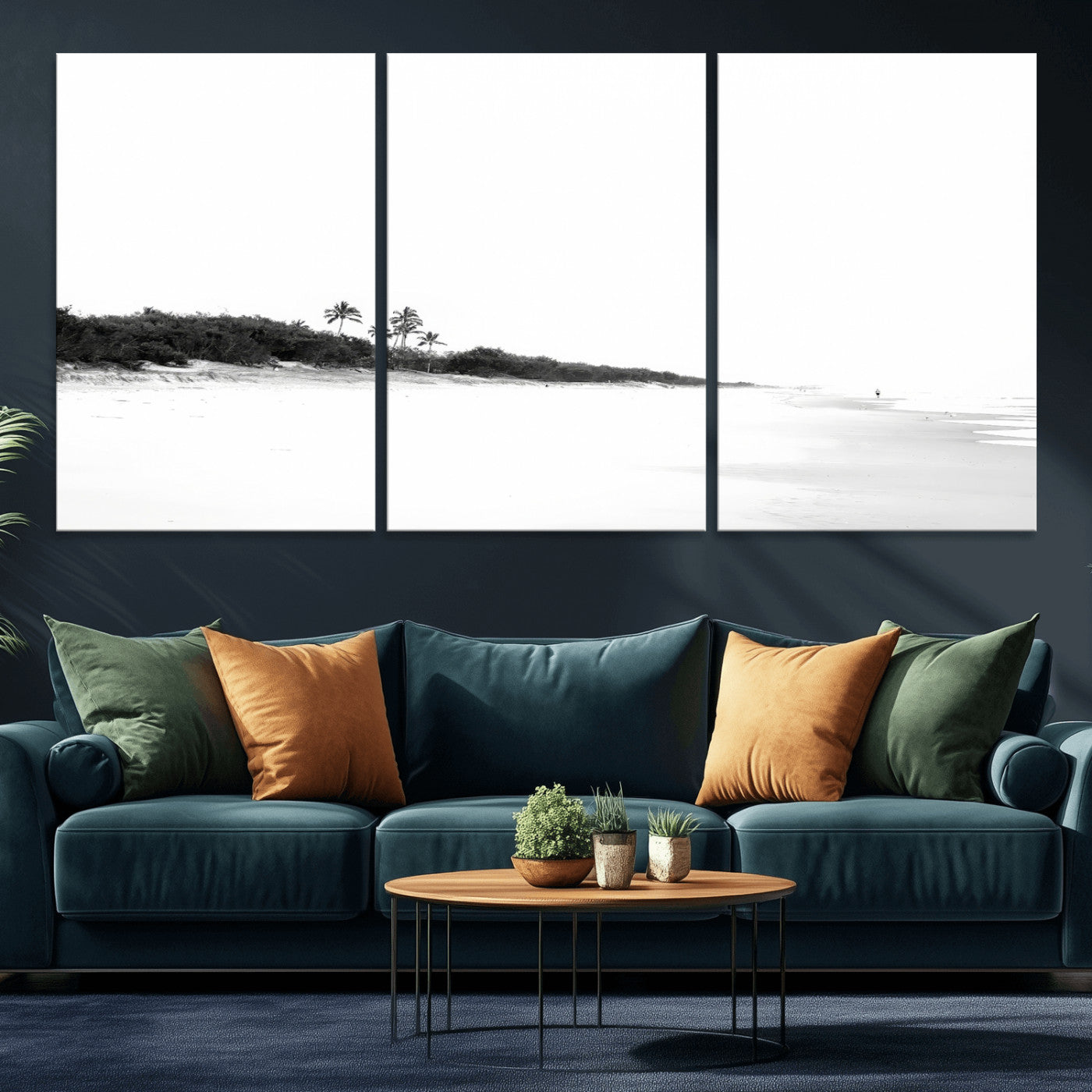 29611516-MGV-CV-36X24-Black White Beach Wall Art Canvas Print, Framed Palm Trees Art Picture Print, Monochrome Tropical Perfect Minimalist Coastal Decor