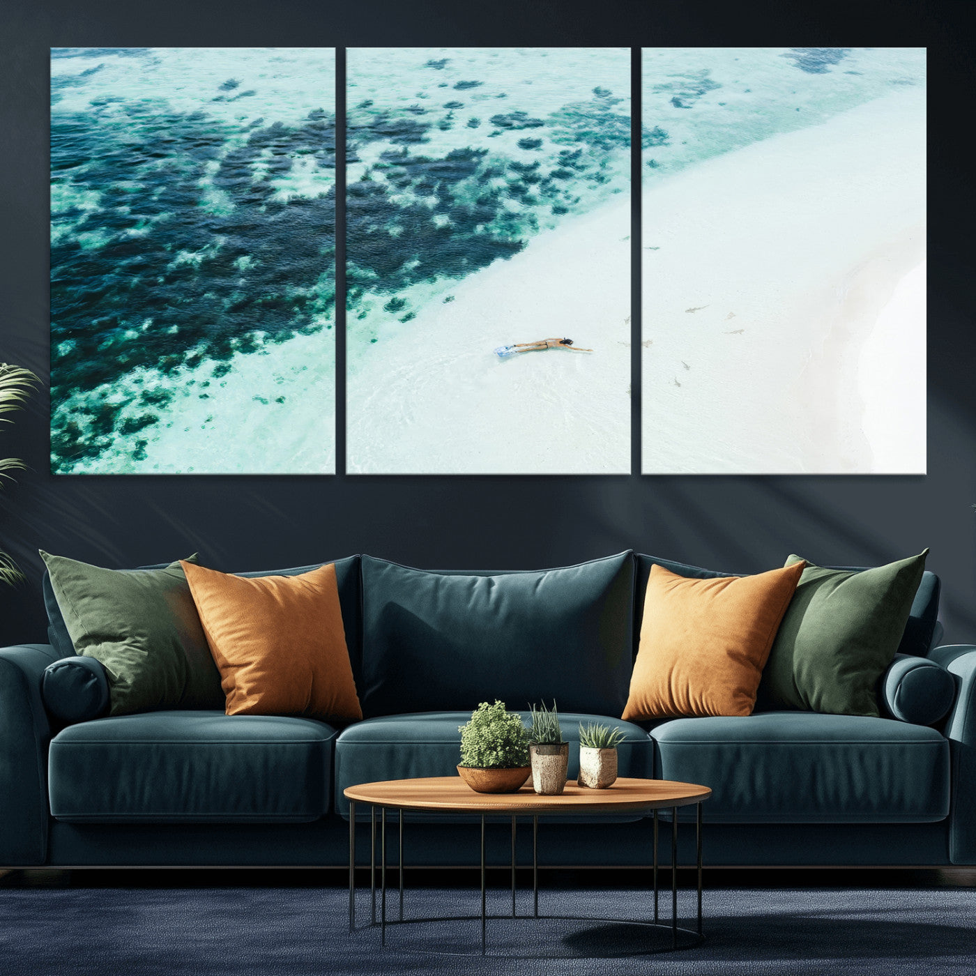 33764764-MGV-CV-36X24-Minimal Beach Wall Art Canvas Print, Framed Ocean Swimming Art Picture Print, Clear Ocean Perfect Minimal Coastal Decor Artwork