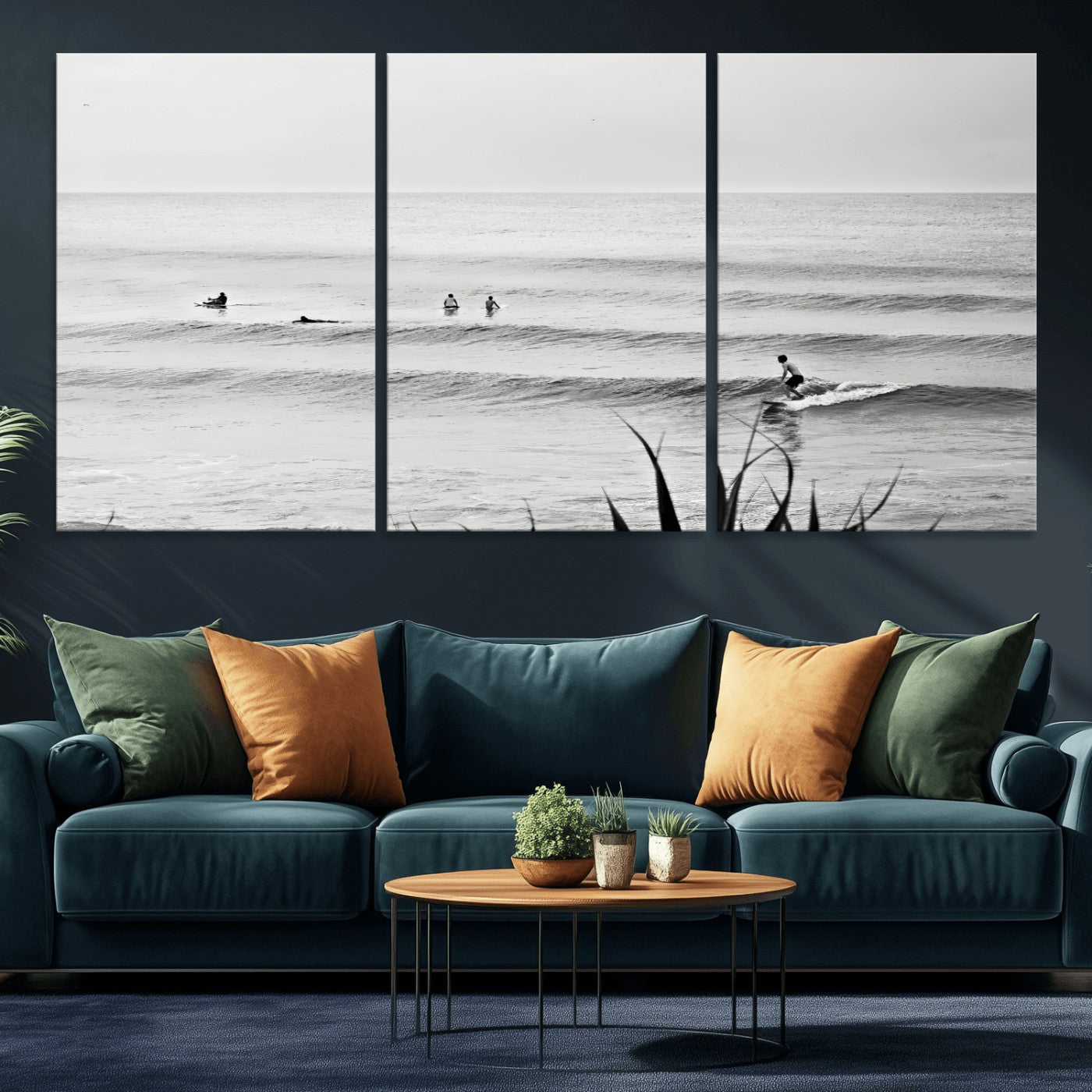 33821421-MGV-CV-36X24-Surfer Silhouette Wall Art Canvas Print, Framed Calm Ocean Art Picture Print, Monochrome Surf Perfect Minimalist Coastal Decor