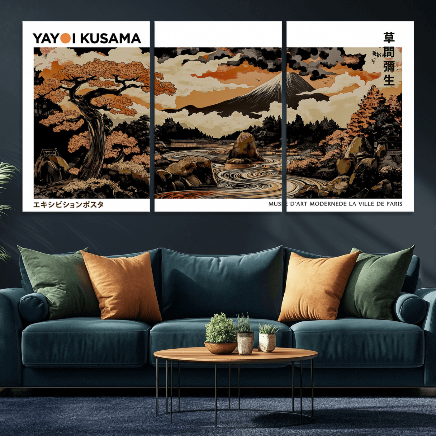 96372548-MGV-CV-36X24-Japanese Landscape Wall Art Print – Mt. Fuji Poster with Bonsai Tree & River, Ukiyo-e Inspired Modern Japanese Artwork, Autumn