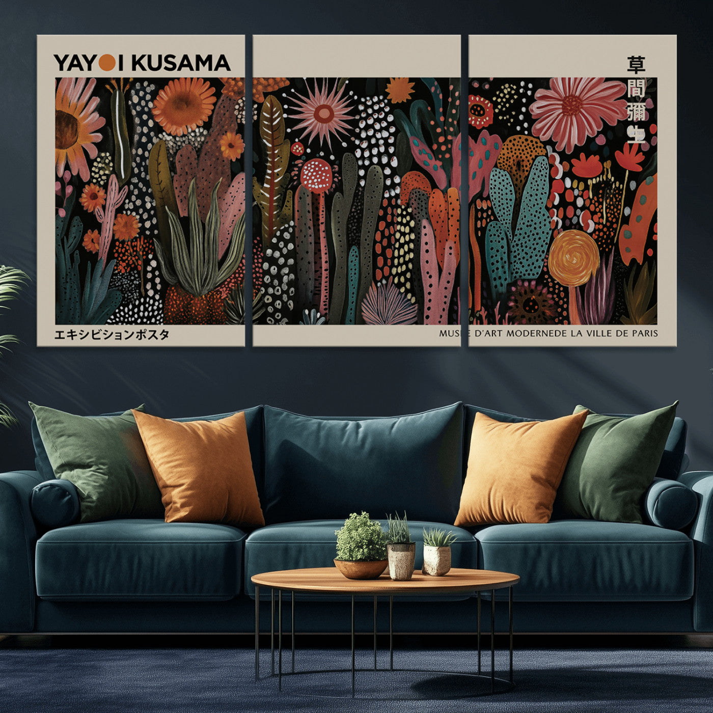 28344895-MGV-CV-36X24-Dark Floral Abstract Wall Art Poster – Modern Botanical Canvas Print with Beige Border, Kusama Inspired Boho Flower Painting,