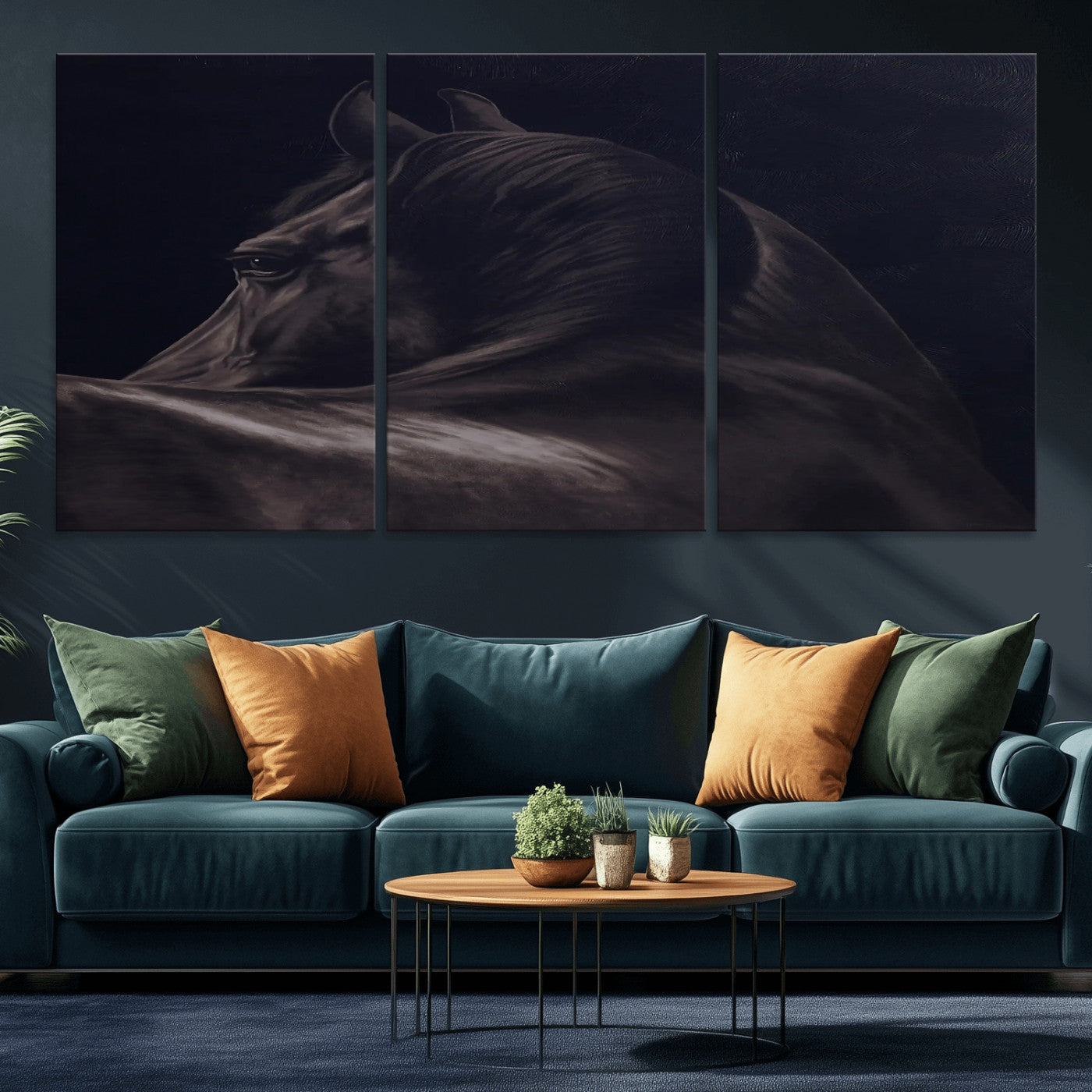 67026880-MGV-CV-36X24-Black Horse Portrait Wall Art Canvas Print, Framed Moody Horse Decor Art Picture Print, Equestrian Wall Style Perfect Masculine