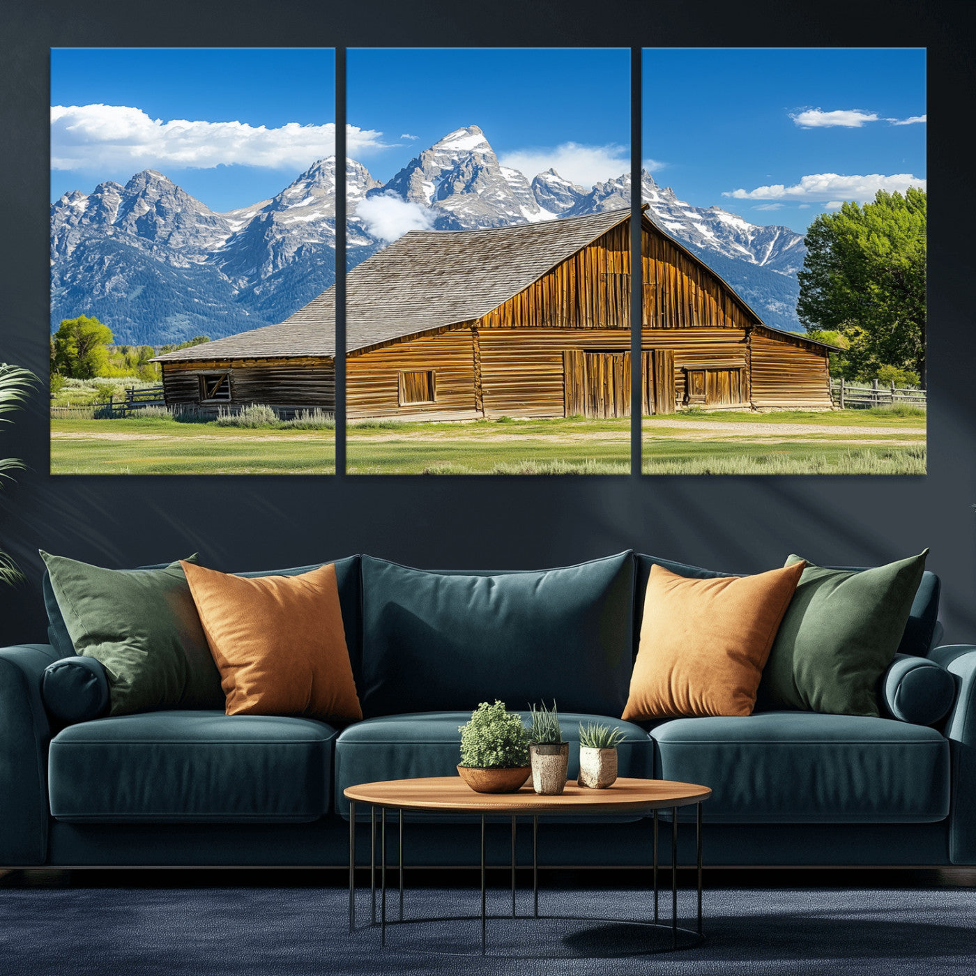 75948467-MGV-CV-36X24-Mountain Barn Scene Wall Art Canvas Print, Framed Rustic Farmhouse Style Art Picture Print, Country Cabin Decor Perfect Rustic